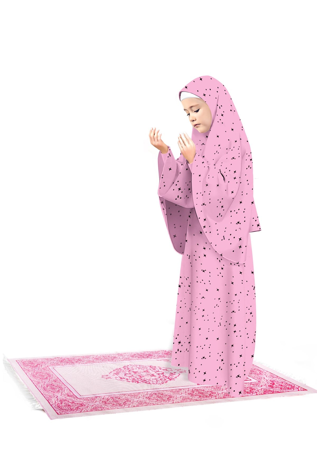 Kız Çocuk Namaz Elbisesi 3 Parçalı Seccadeli Yıldız Desenli