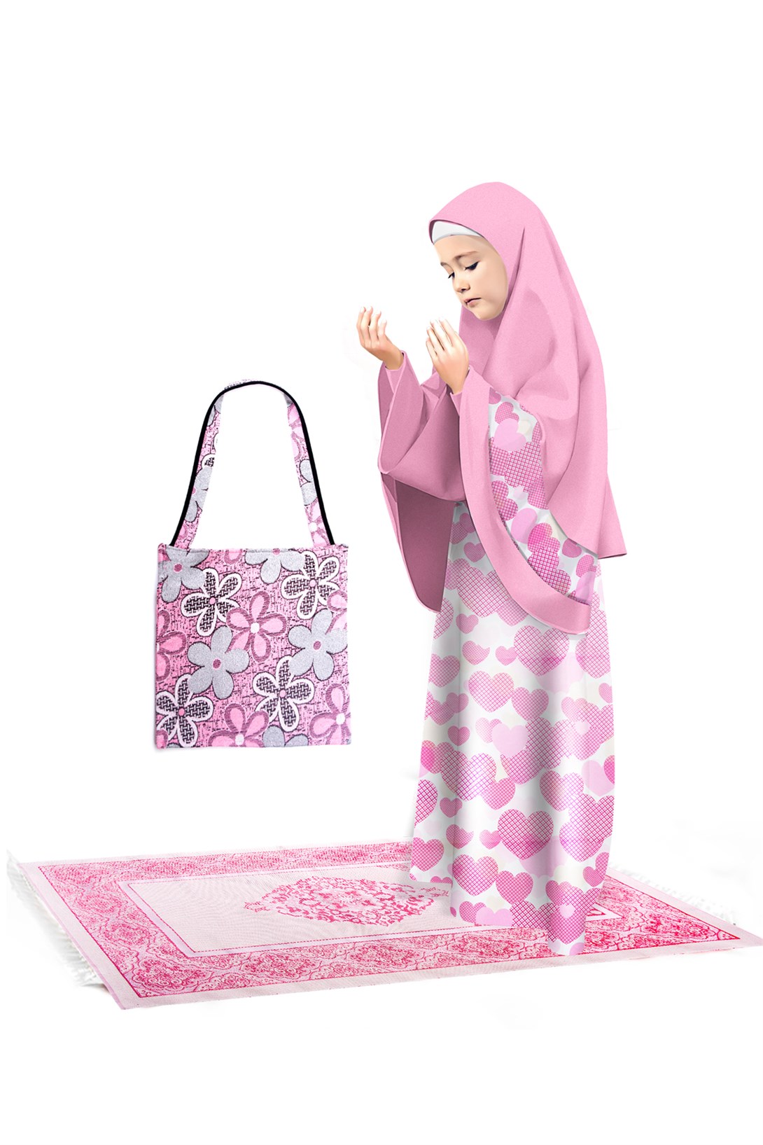 Kız Çocuk Namaz Elbisesi 4 Parçalı Seccadeli Ve Çantalı Eteği Kalp Baskılı Pembe