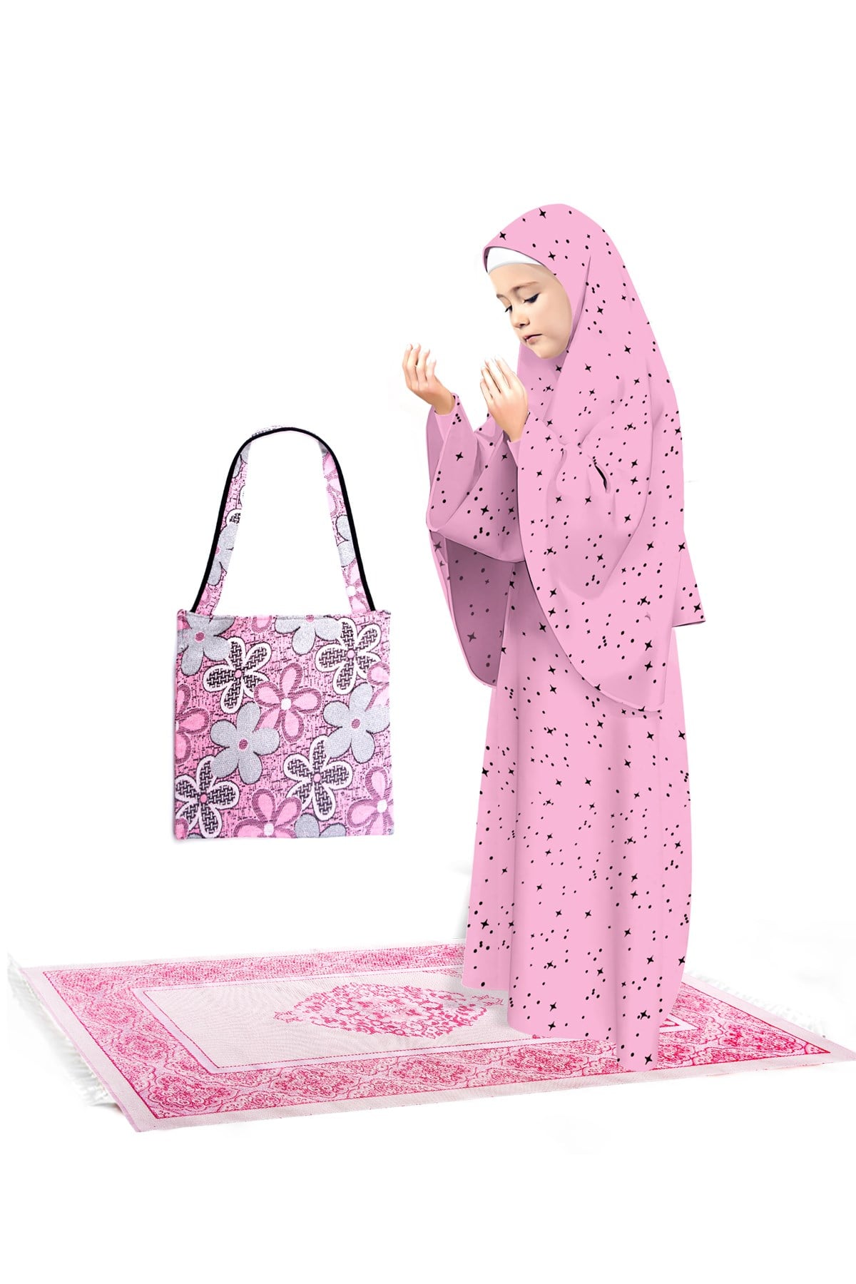 Kız Çocuk Namaz Elbisesi 4 Parçalı Seccadeli Ve Çantalı Yıldız Desenli