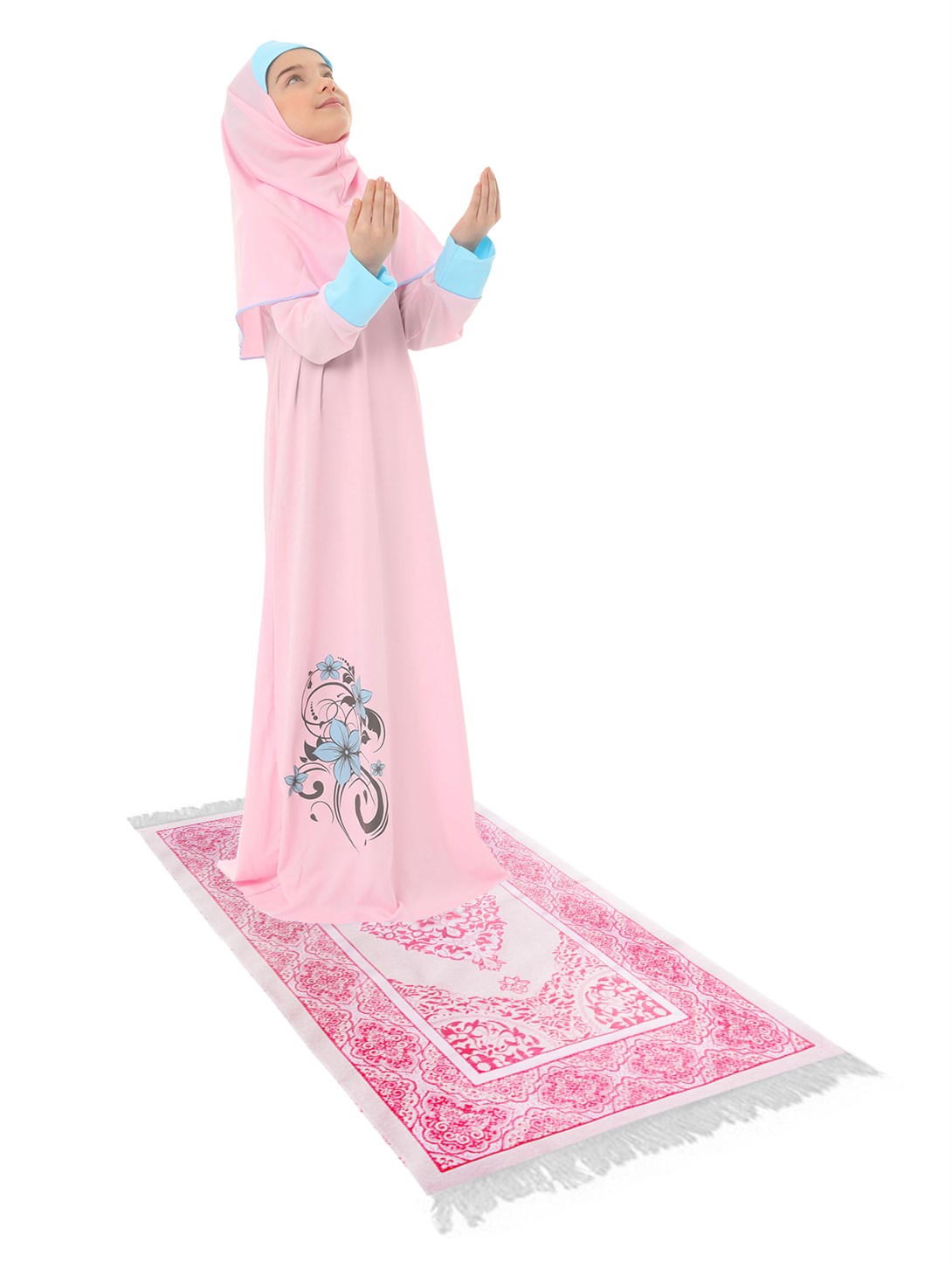 Kız Çocuk Namaz Elbisesi Çicek Basklı Kolu Manşetli Ve Seccadeli Set