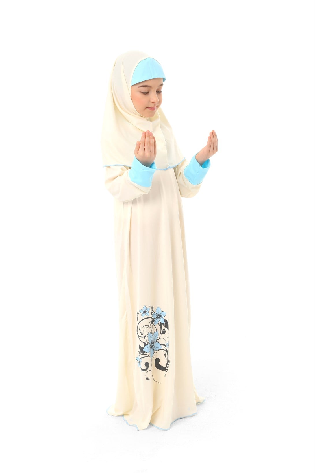 Kız Çocuk Namaz Elbisesi Çicek Basklı Kolu Manşetli