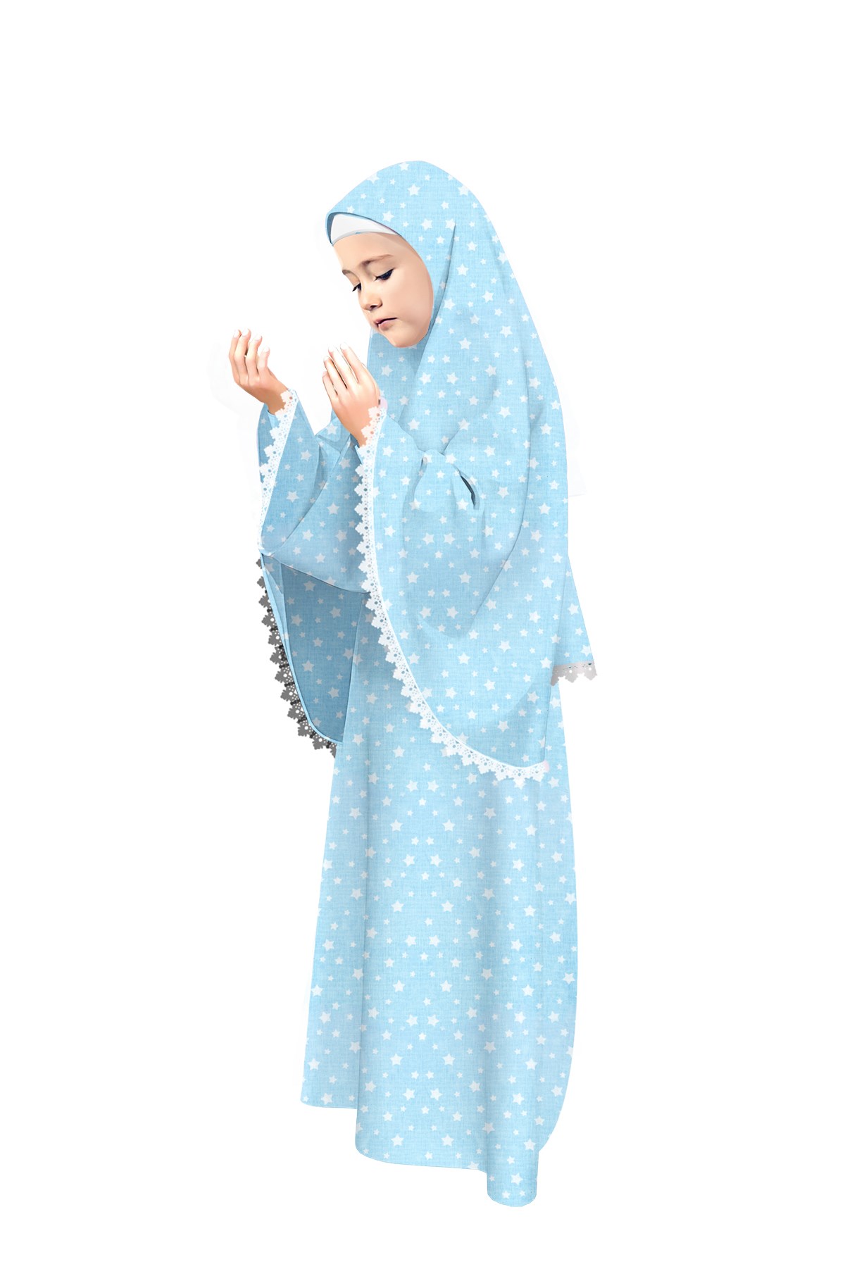 Kız Çocuk Namaz Elbisesi Dantel Detaylı Küçük Yıldız Baskılı