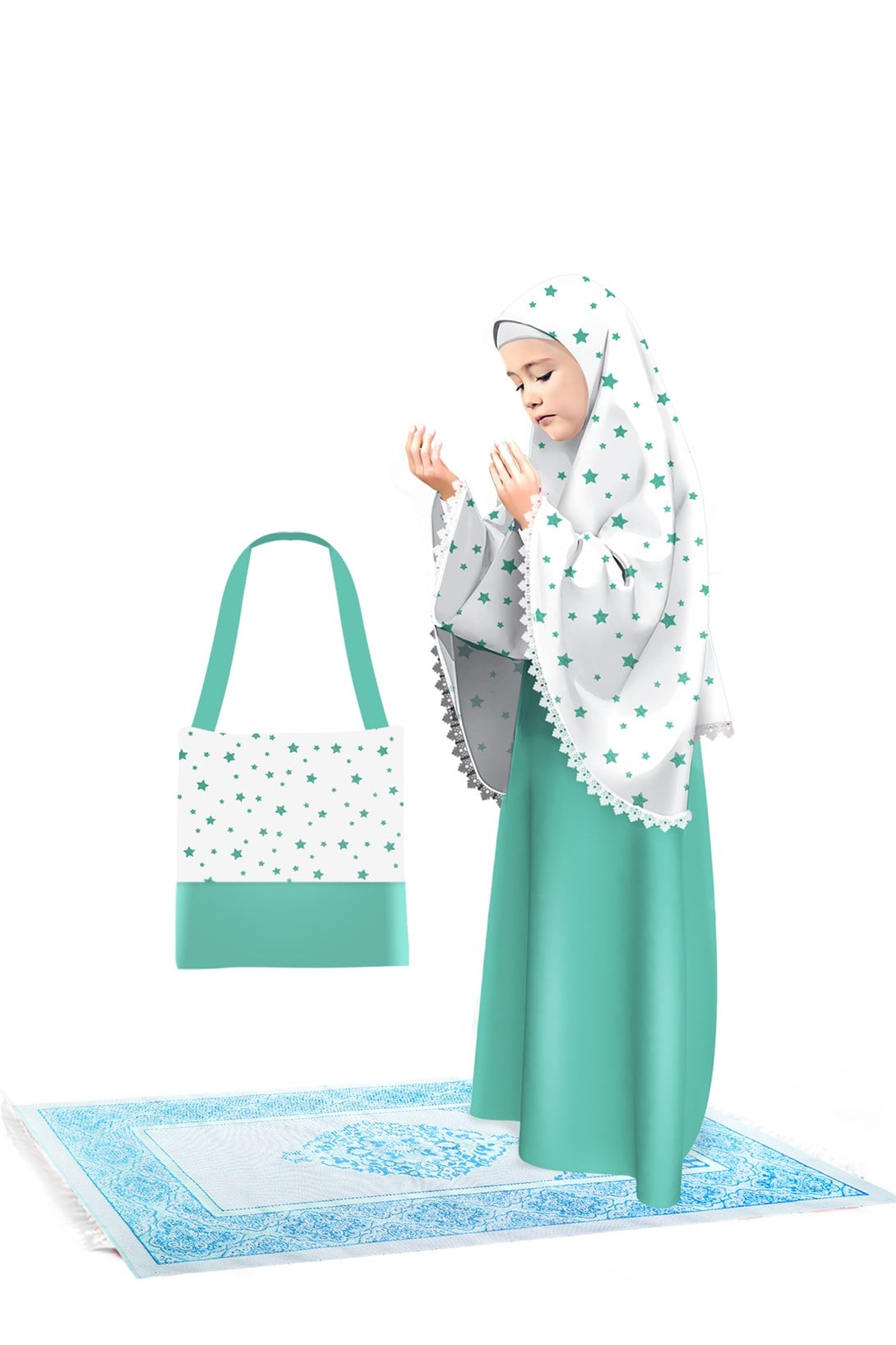 Kız Çocuk Namaz Elbisesi Pamuklu 4 Parçalı Set Mint Rengi Baskılı
