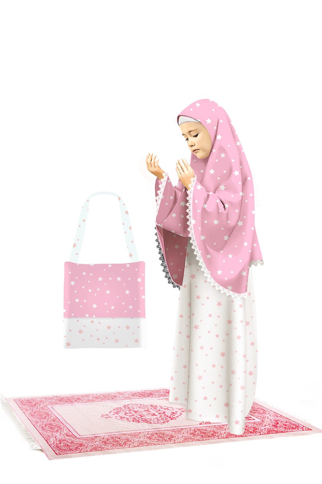 Kız Çocuk Namaz Elbisesi Pamuklu 4 Parçalı set Pembe Baskılı