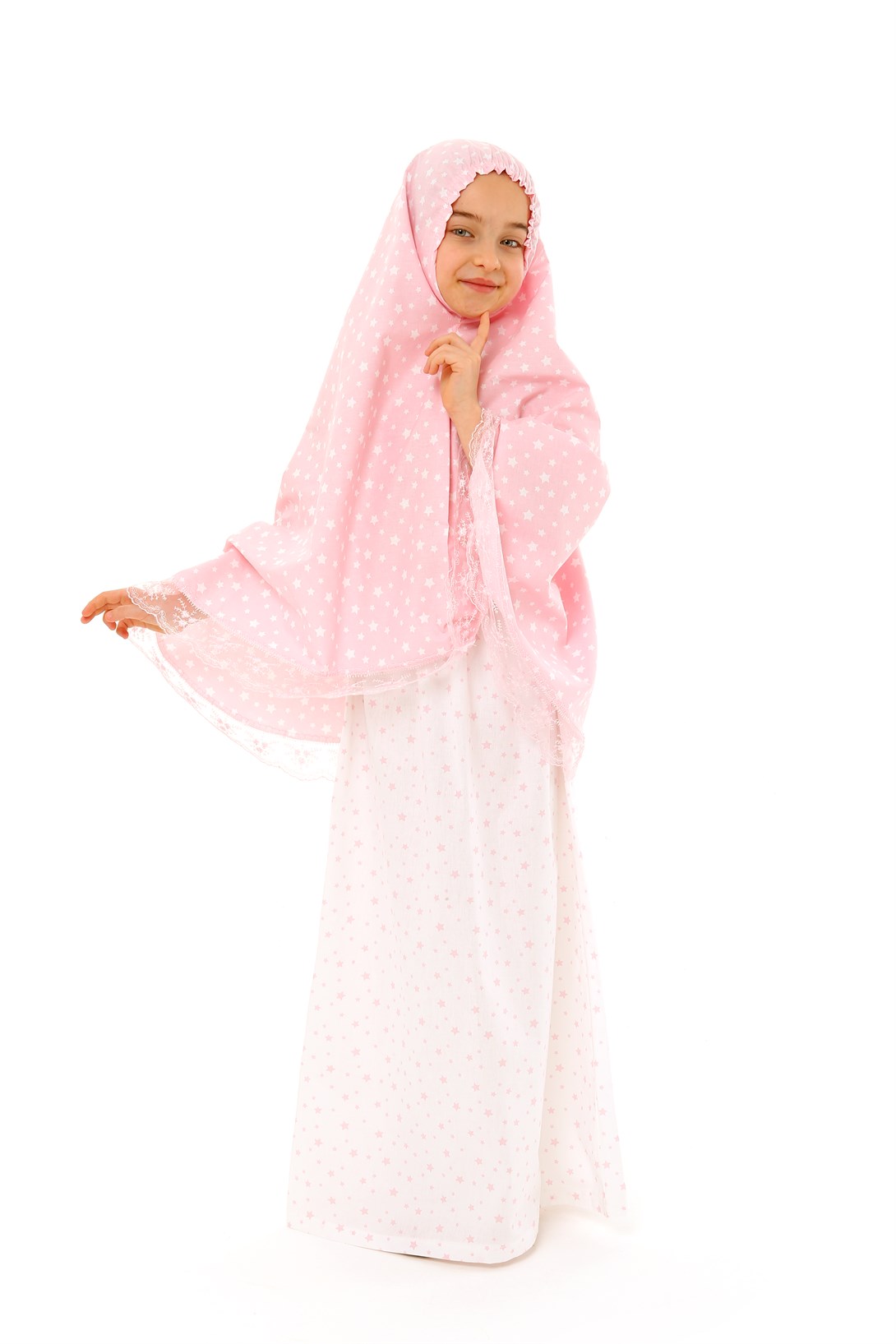 Kız Çocuk Namaz Elbisesi Pembe Rengi Yıldız Baskılı Dantel Detaylı