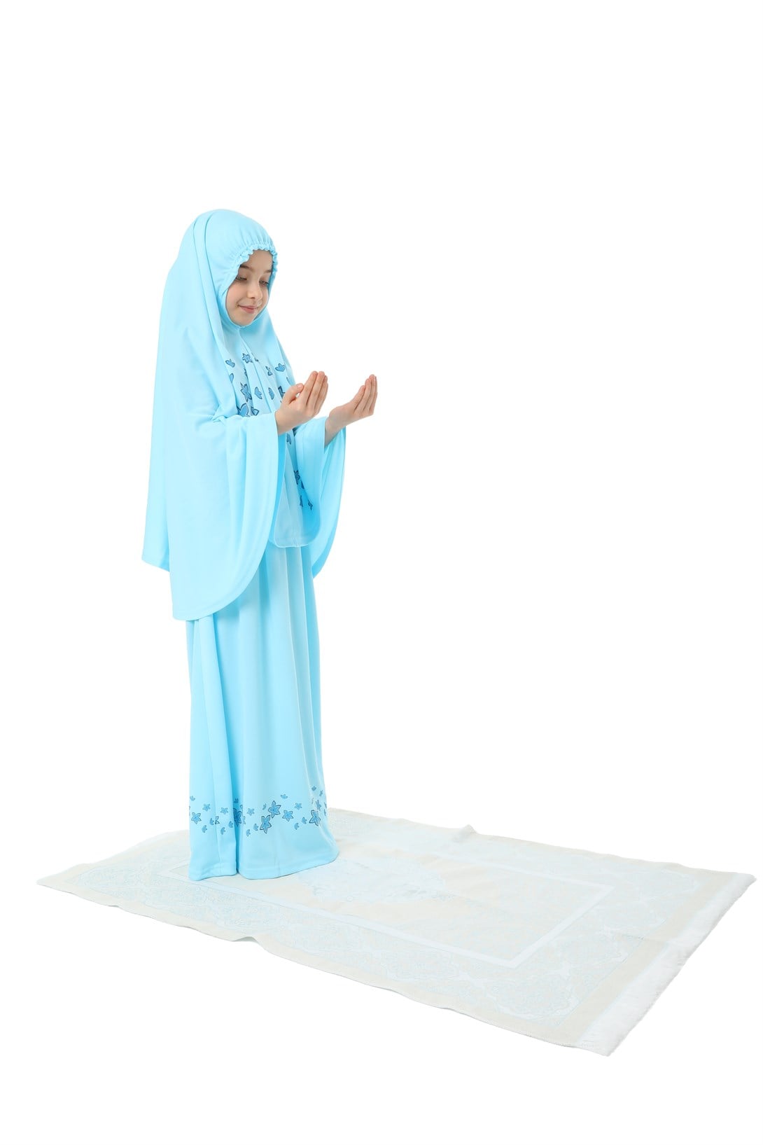Kız Çocuk Namaz Elbisesi Yıldız Baskılı Uzun Başörtülü Ve Seccadeli Set
