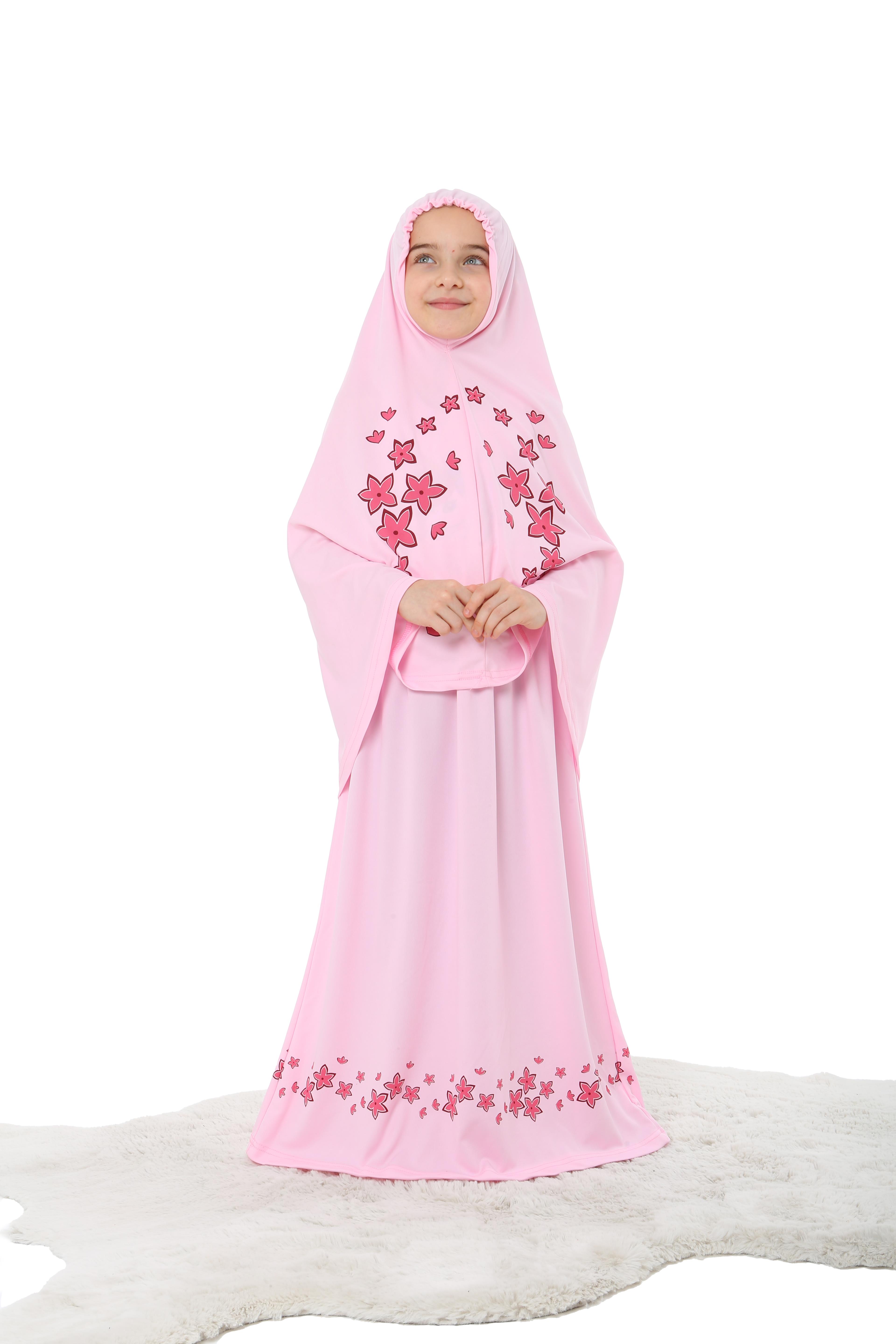 Kız Çocuk Namaz Elbisesi Yıldız Baskılı Uzun Başörtülü