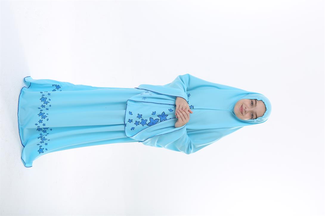 Kız Çocuk Namaz Elbisesi Yıldız Baskılı Uzun Başörtülü