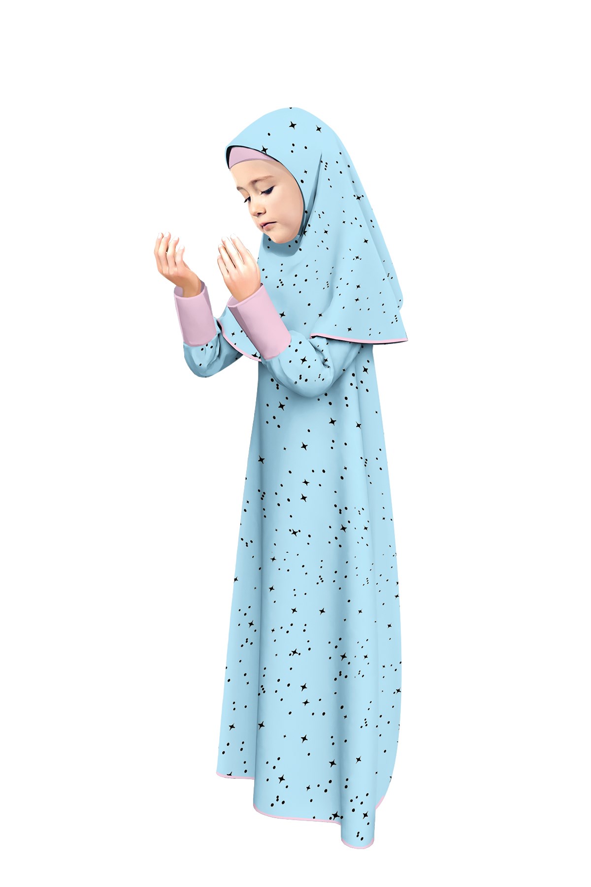 Kız Çocuk Namaz Elbisesi Yıldız Desenli Kolu Manşetli