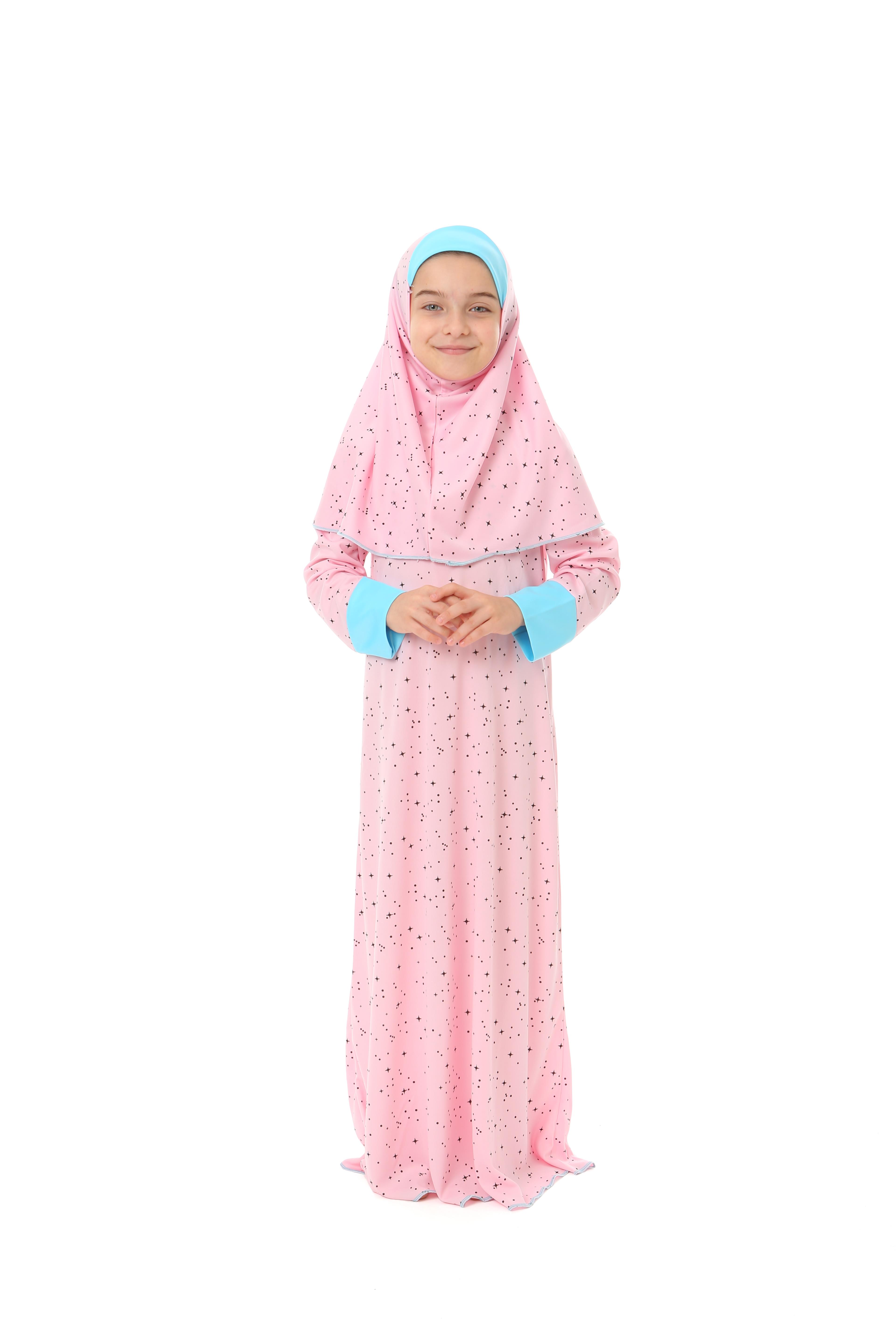 Kız Çocuk Namaz Elbisesi Yıldız Desenli Kolu Manşetli