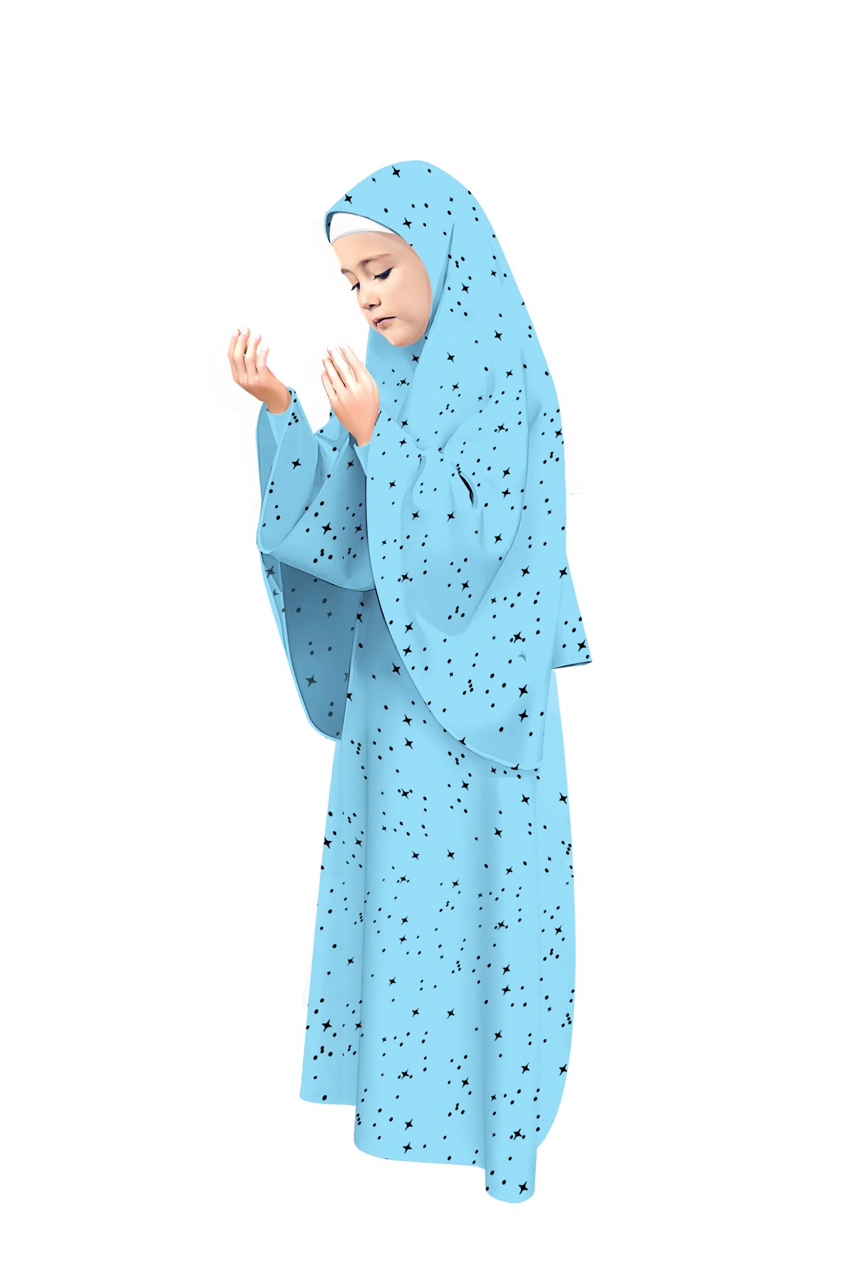 Kız Çocuk Namaz Elbisesi Yıldız Desenli Uzun Başörtülü