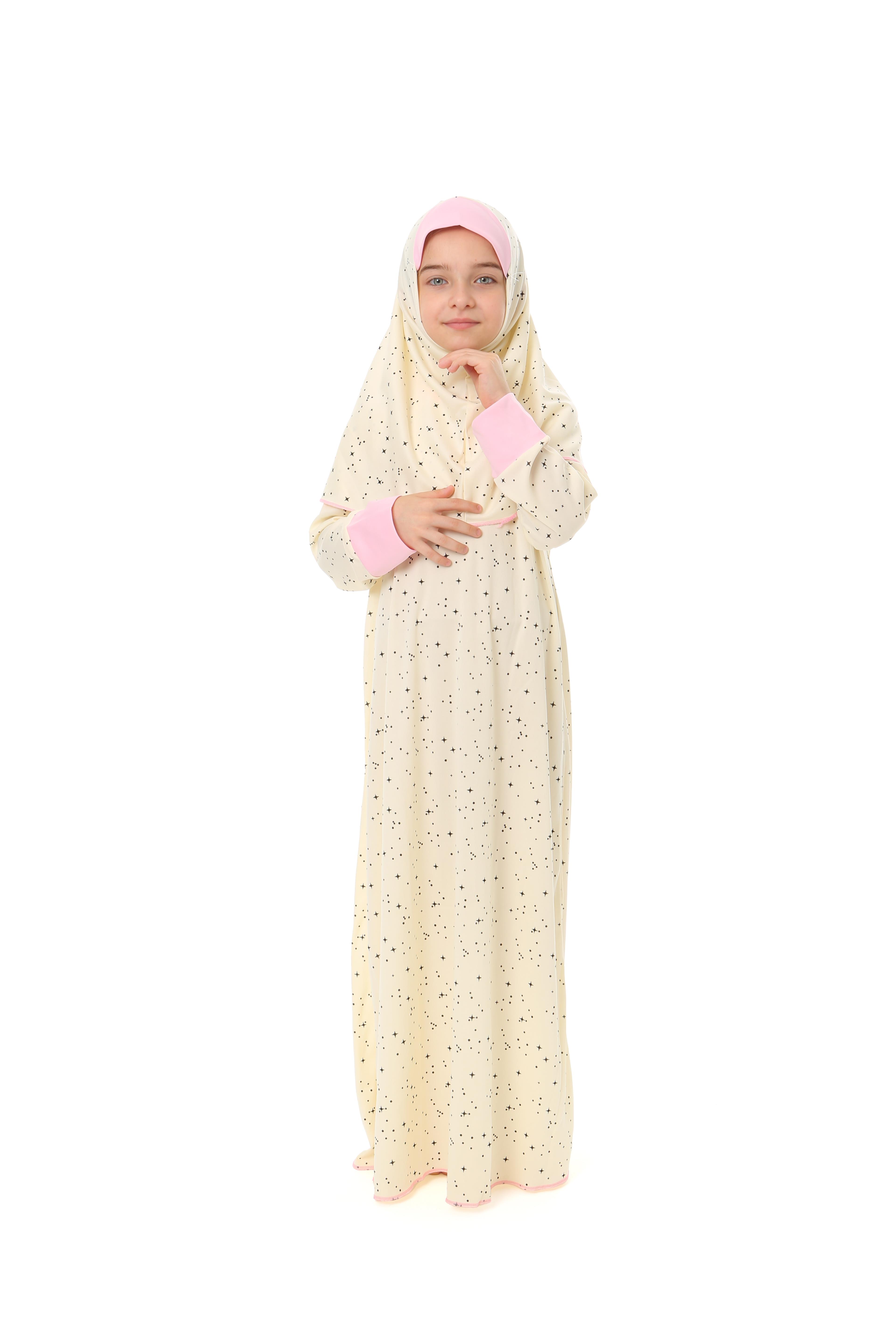Kız Çocuk Namaz Elbisesi Yıldız Desenli Kolu Manşetli