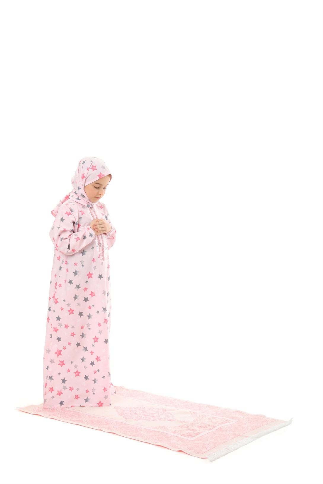 Pratik Fermuarlı Pamuklu Kız Çocuk Namaz Elbisesi 3 Parçalı Set Pembe Baskılı