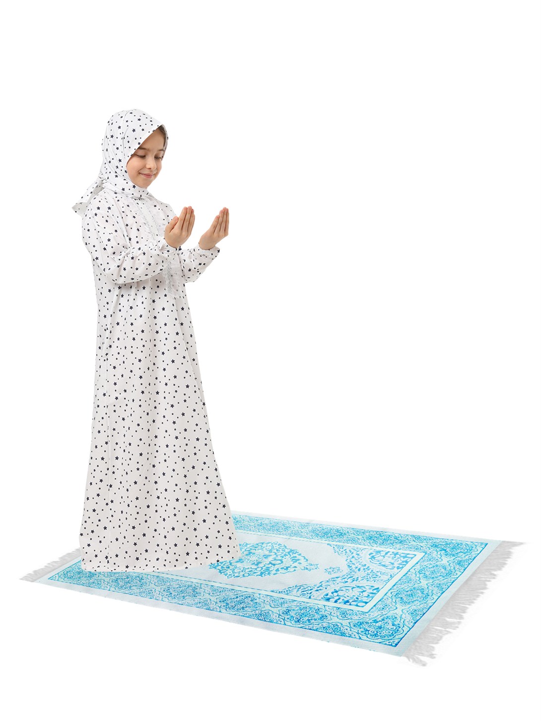 Pratik Fermuarlı Pamuklu Kız Çocuk Namaz Elbisesi Fermuarlı 3 Parçalı Set Larcivert Baskılı