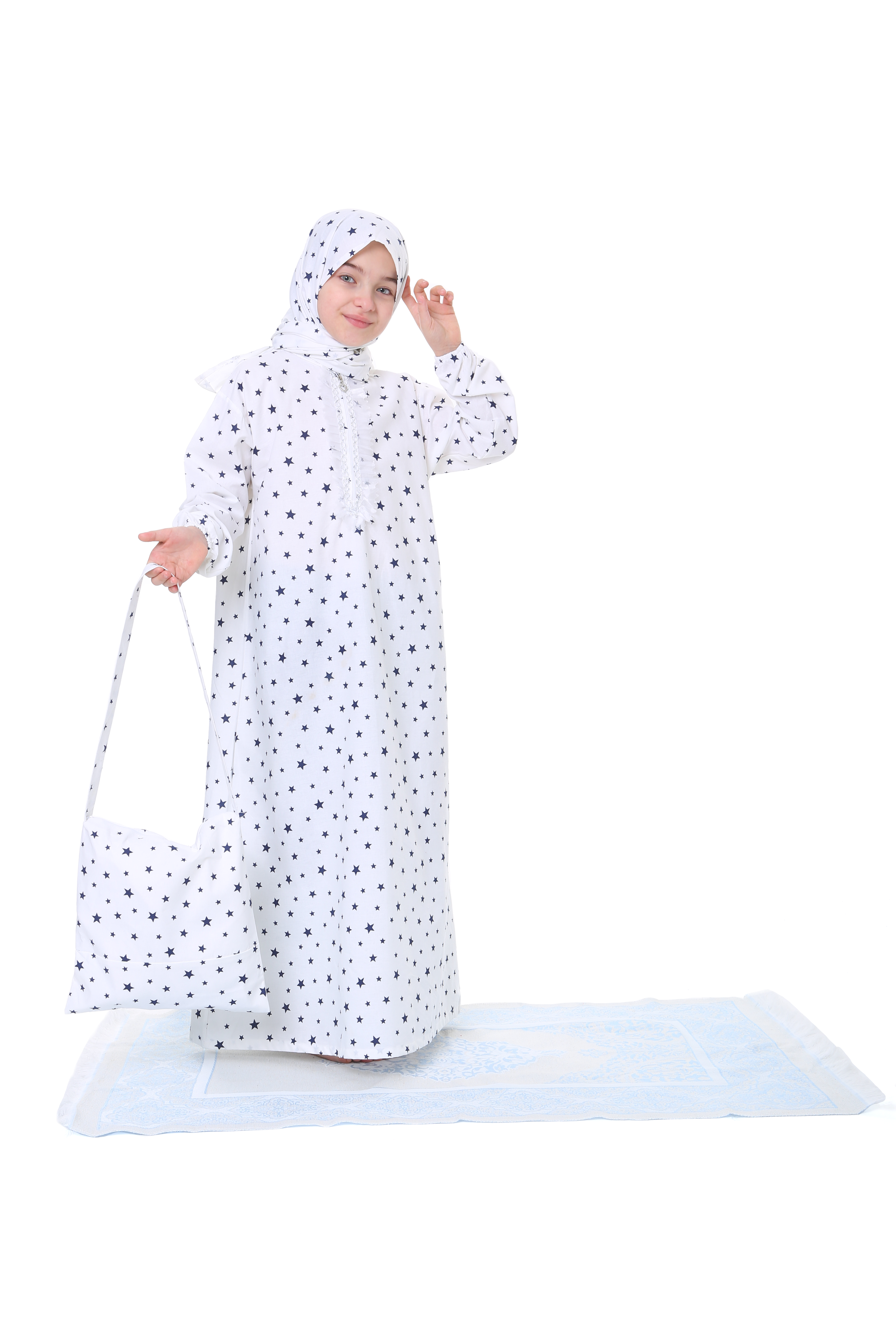 Pratik Fermuarlı Pamuklu Kız Çocuk Namaz Elbisesi 4 Parçalı Set Larcivert Baskılı