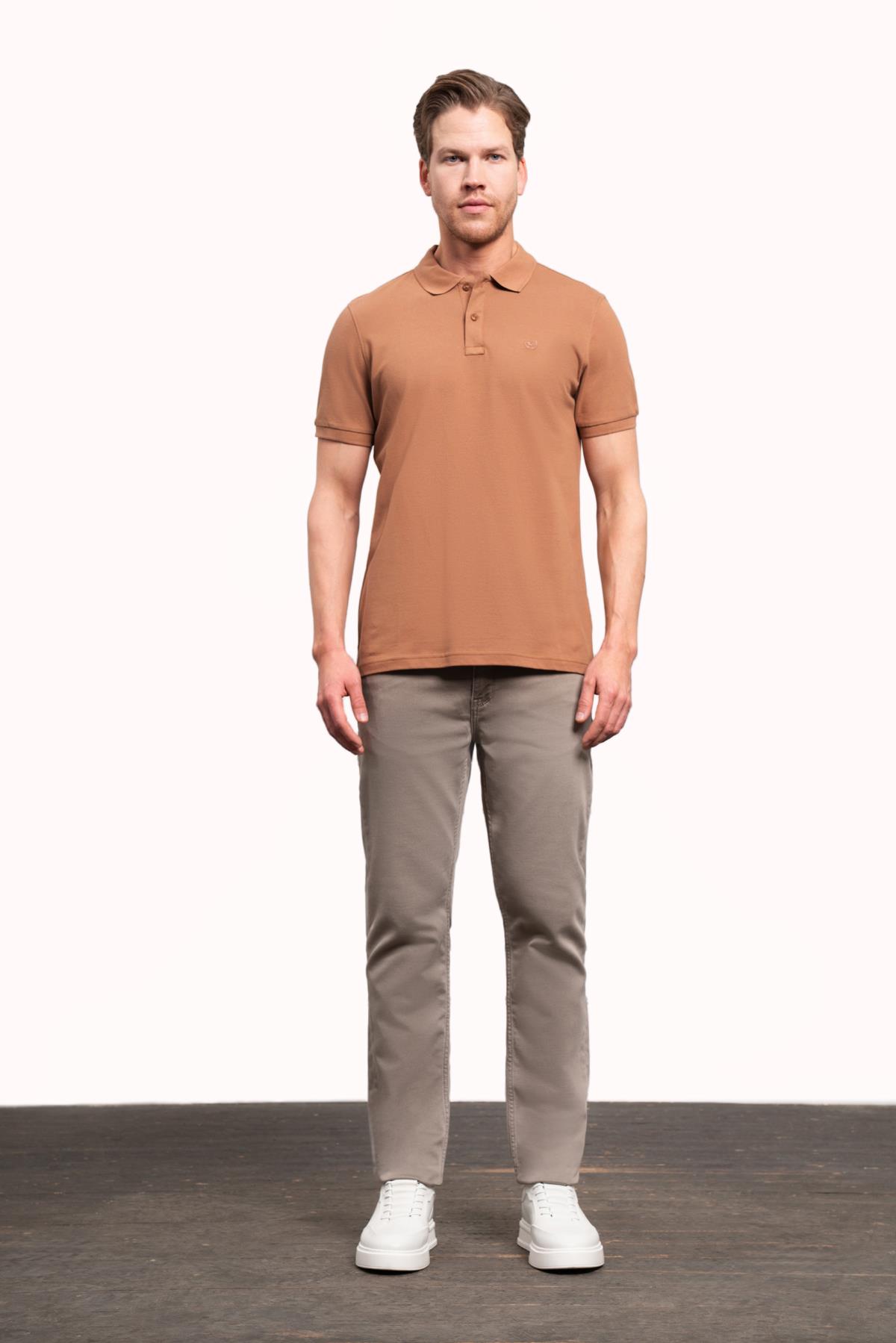 Açık Kahve Basic Düz %100 Pamuk Slim Fit Dar Kesim Kısa Kollu  Polo Yaka Erkek Tişört