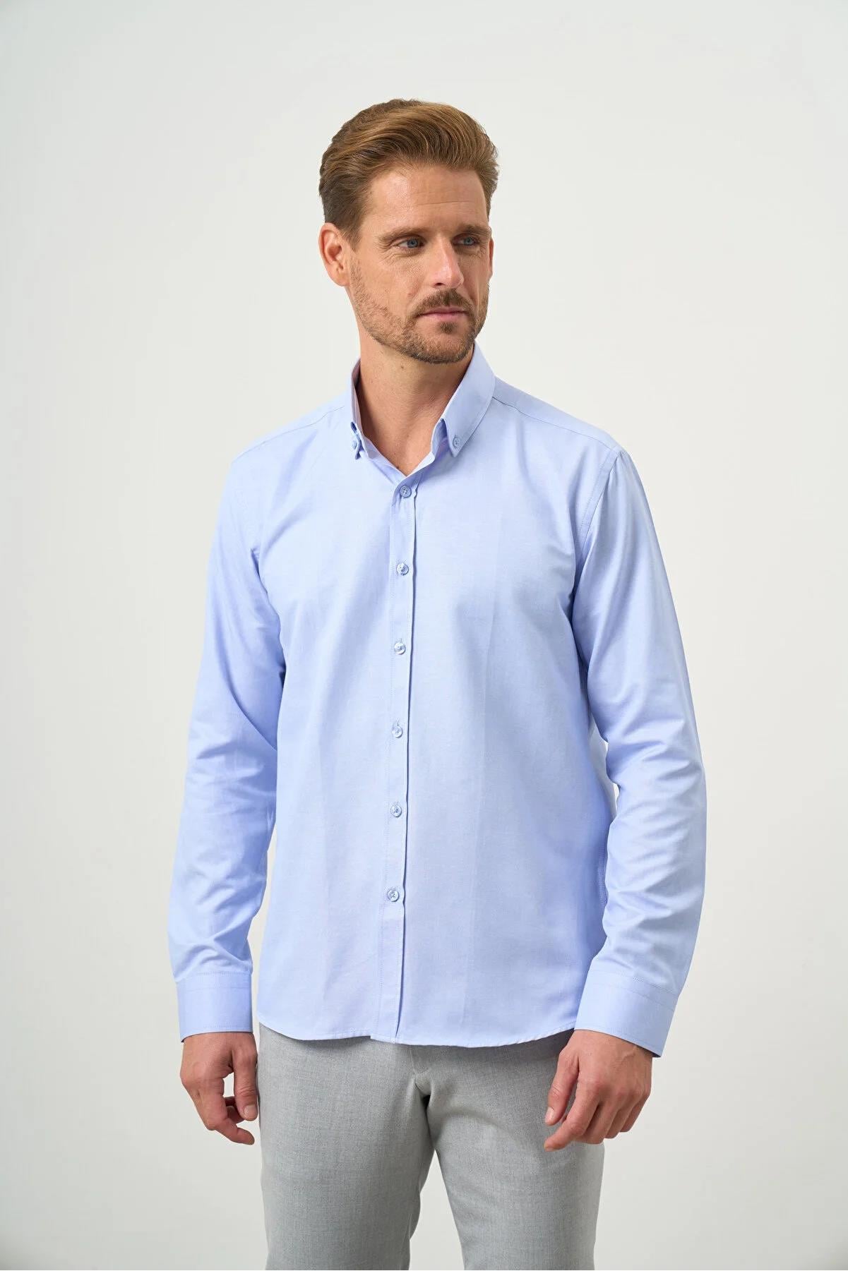Açık Mavi Düğmeli Yaka Kolay Ütülenebilir Oxford Pamuklu Slim Fit Gömlek