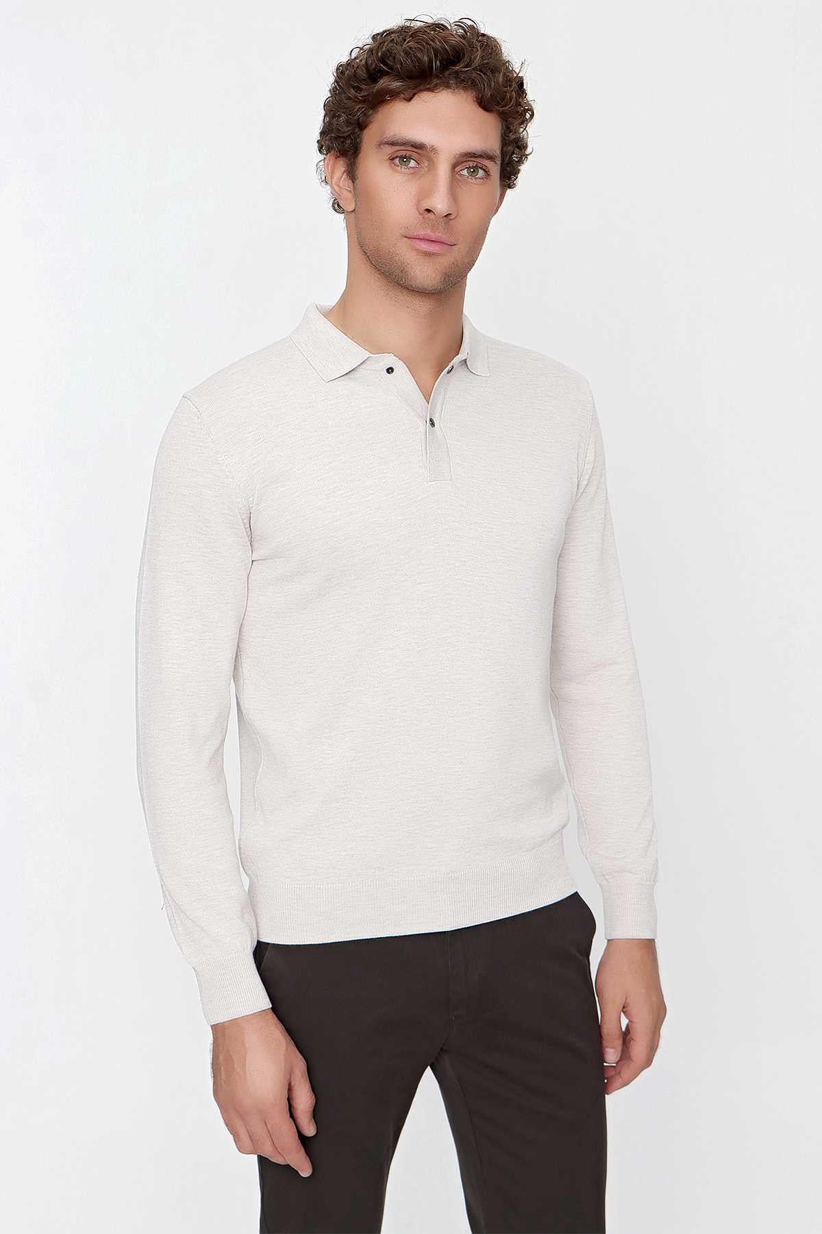 Bej Basic Dinamik Fit Rahat Kesim Polo Yaka Triko Kazak