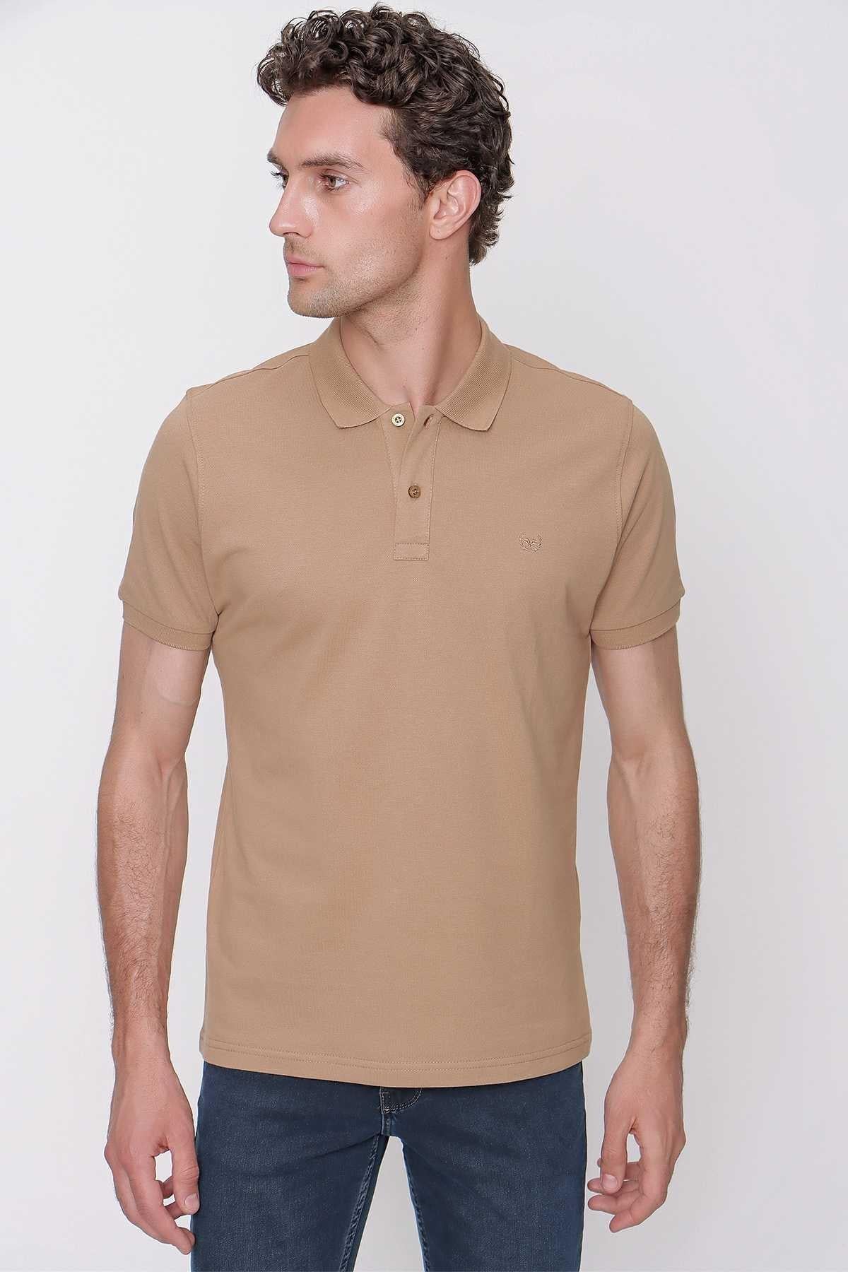 Bej Basic Düz %100 Pamuk Slim Fit Dar Kesim Kısa Kollu  Polo Yaka Erkek Tişört