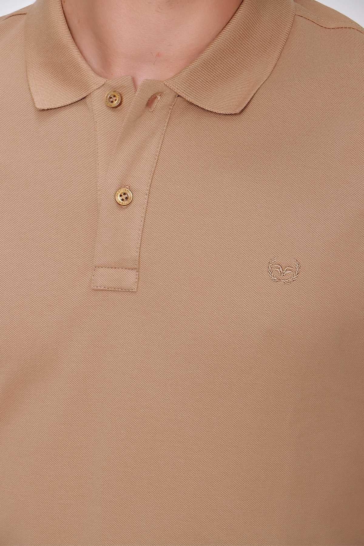 Bej Basic Düz %100 Pamuk Slim Fit Dar Kesim Kısa Kollu  Polo Yaka Erkek Tişört