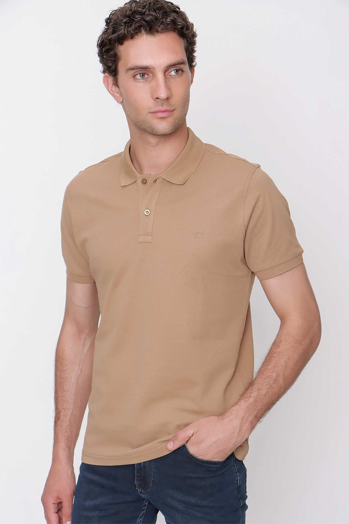 Bej Basic Düz %100 Pamuk Slim Fit Dar Kesim Kısa Kollu  Polo Yaka Erkek Tişört