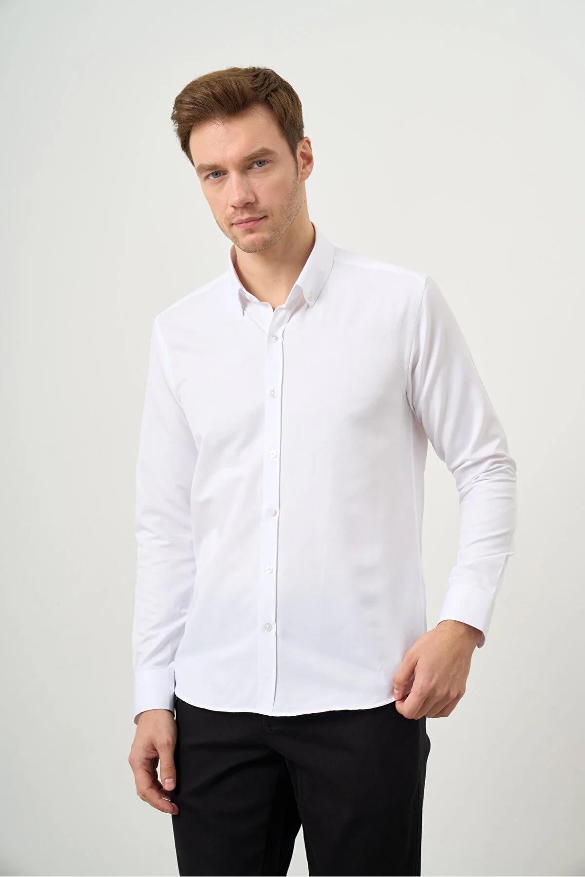 Beyaz Düğmeli Yaka Kolay Ütülenebilir Oxford Pamuklu Slim Fit Gömlek