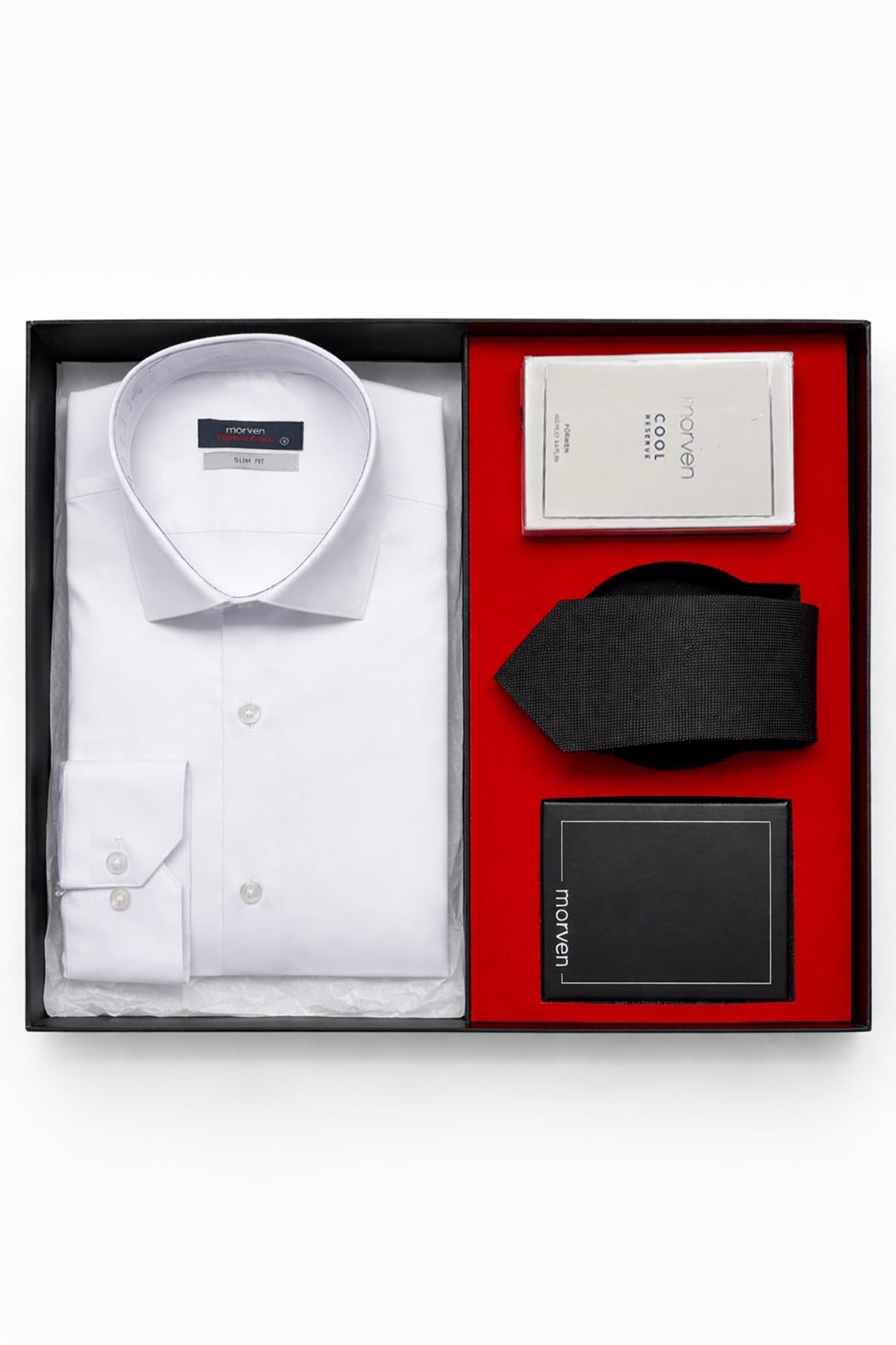 Beyaz Erkek Stil Slim Fit Hediye Kutulu Gömlek, Kravat, Parfüm Ve Cüzdan Seti
