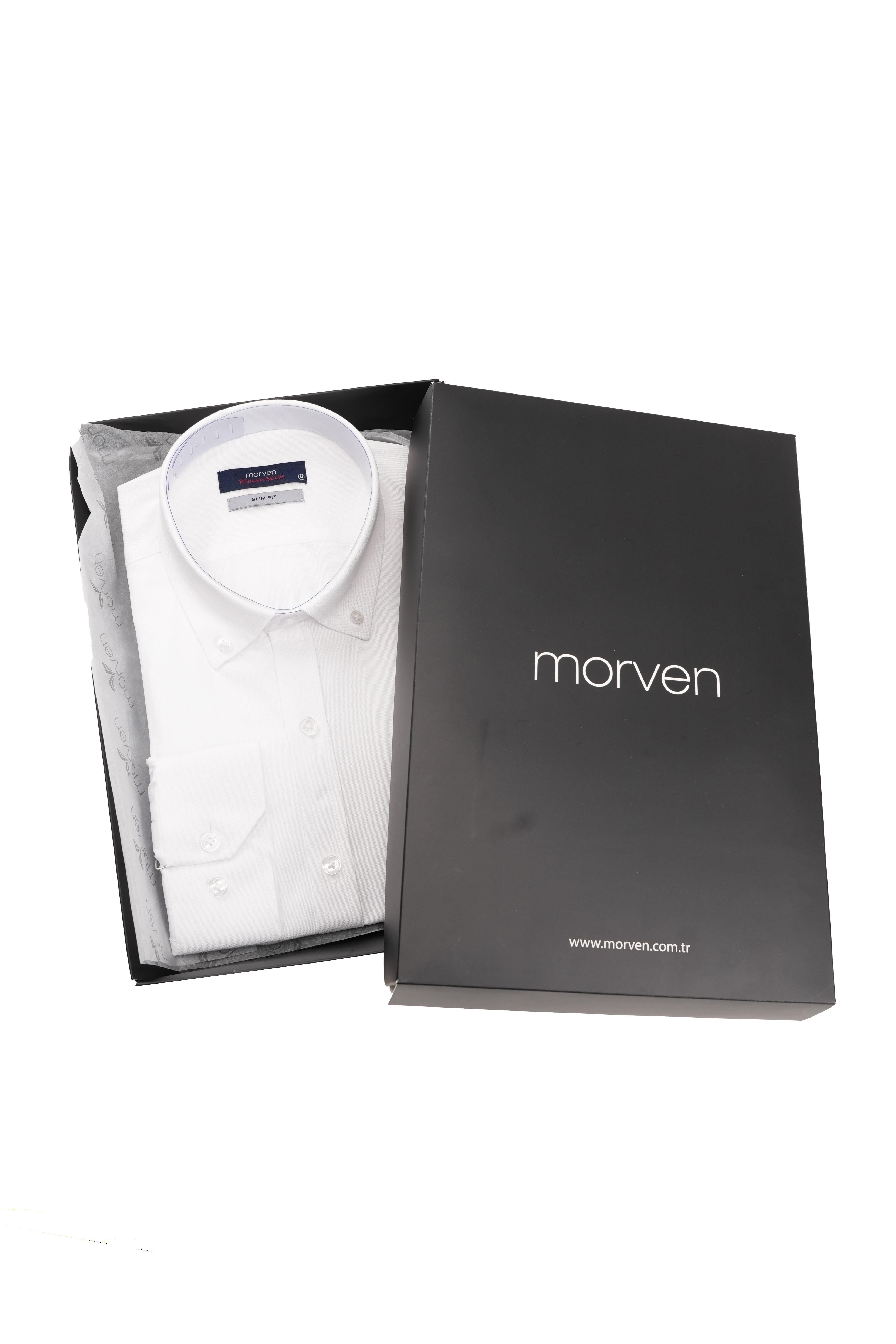 Beyaz Slim Fit Düğmeli Yaka Oxford Kolay Ütülenebilir Pamuklu HEDİYE KUTULU Uzun Kollu Gömlek
