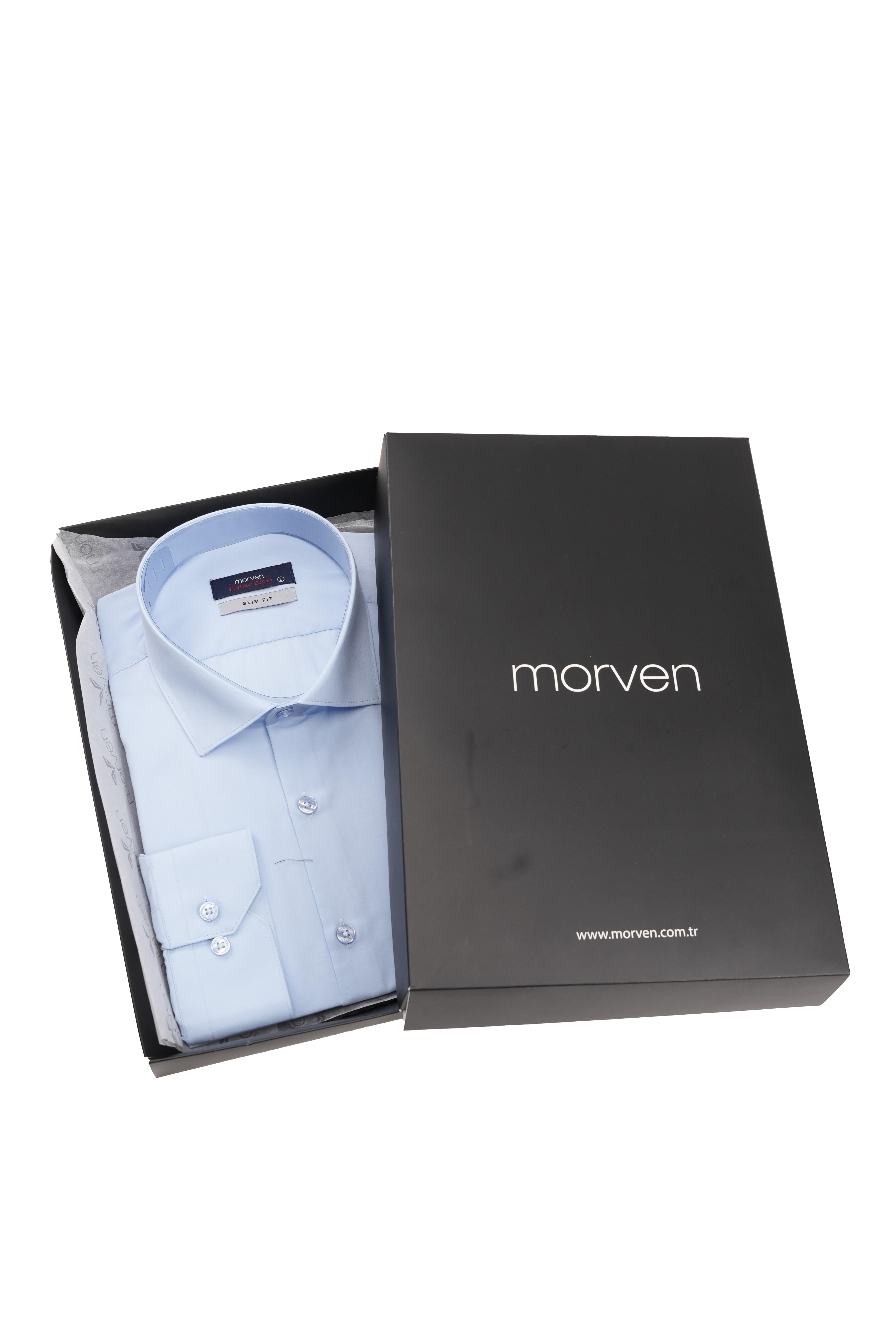 Buz Mavisi Slim Fit Düz Sert Yaka Kolay Ütülenebilen (HEDİYE KUTULU) Uzun Kollu Gömlek