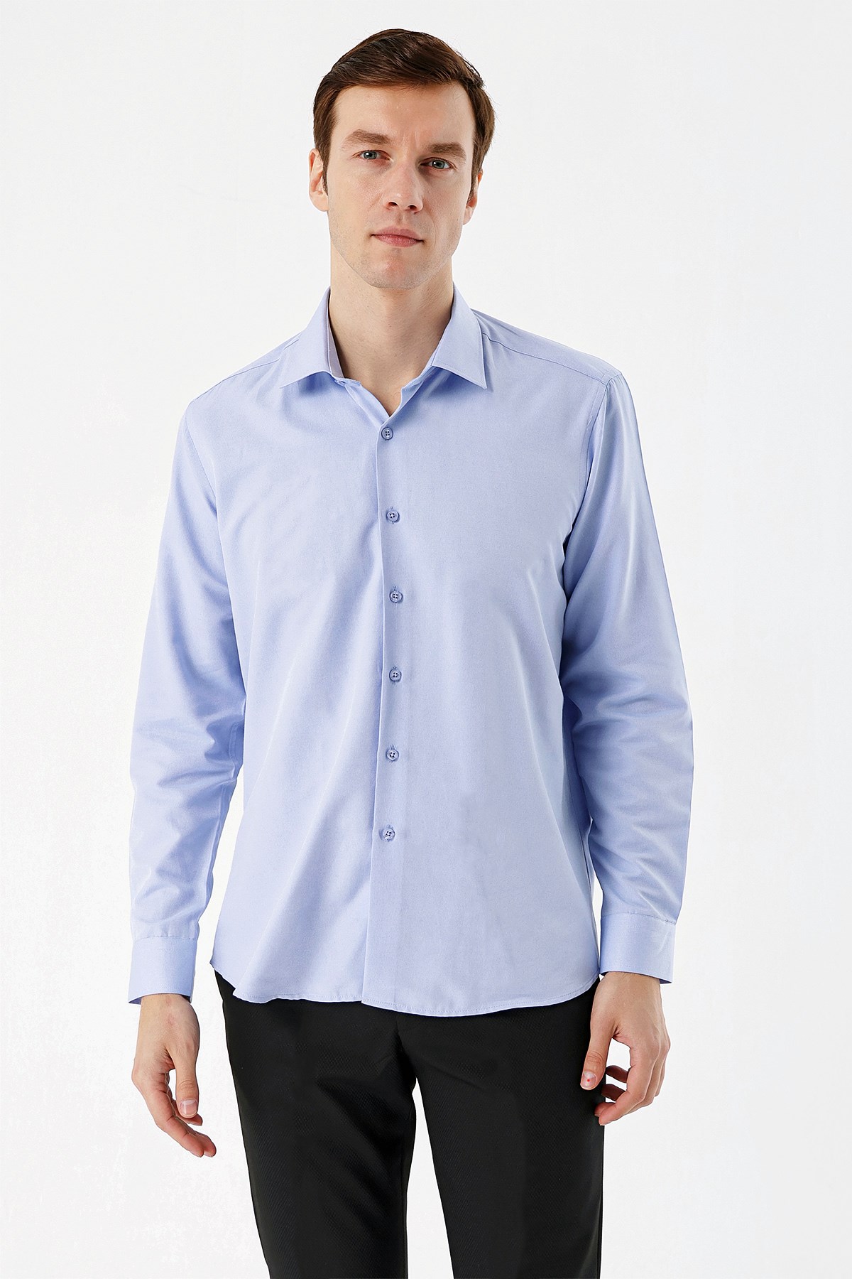 Buz Mavisi Slim Fit Düz Sert Yaka Kolay Ütülenebilen (HEDİYE KUTULU) Uzun Kollu Gömlek