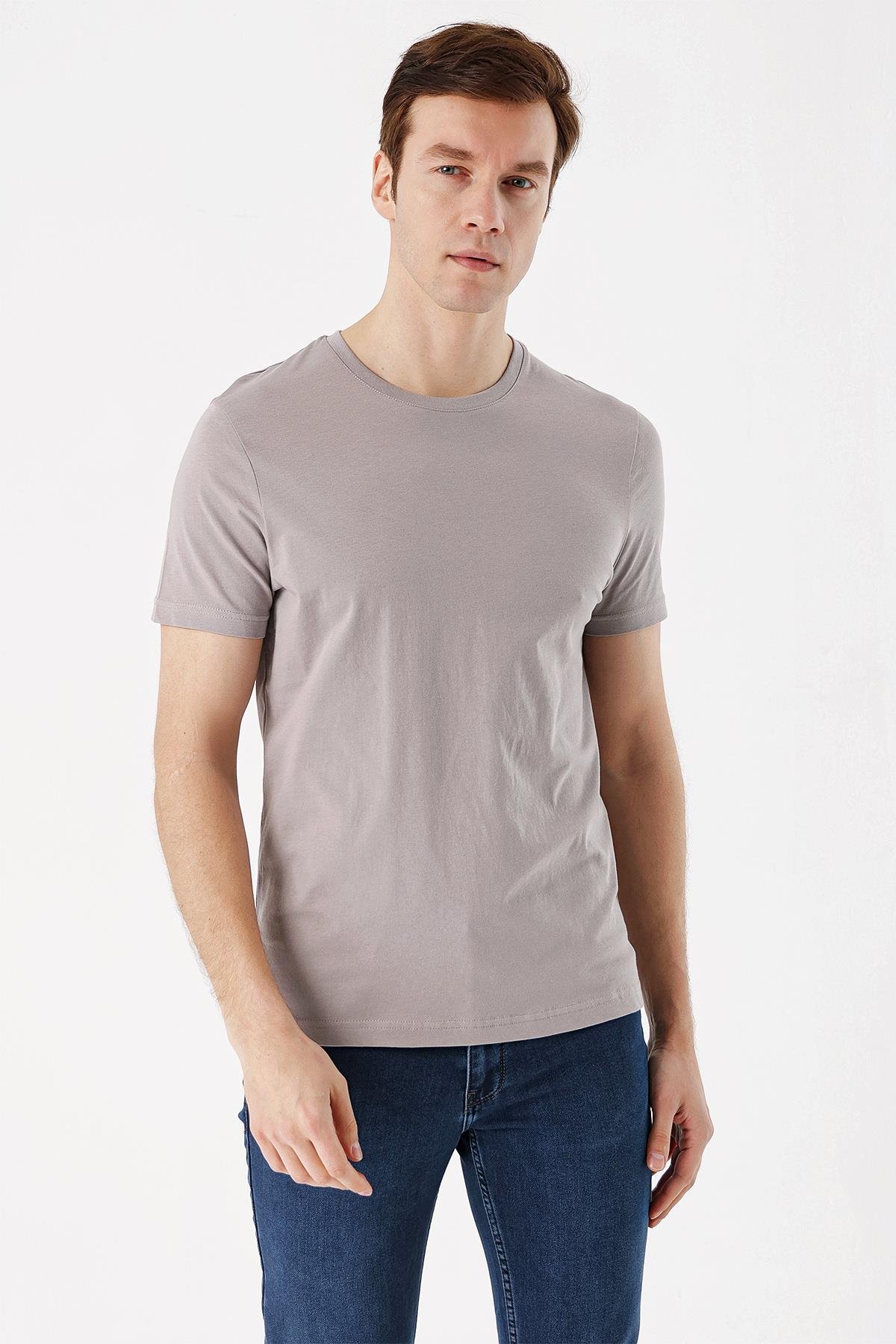 Erkek Açık Gri Basic Düz %100 Pamuk Bisiklet Yaka Slim Fit Dar Kesim Kısa Kollu Tişört