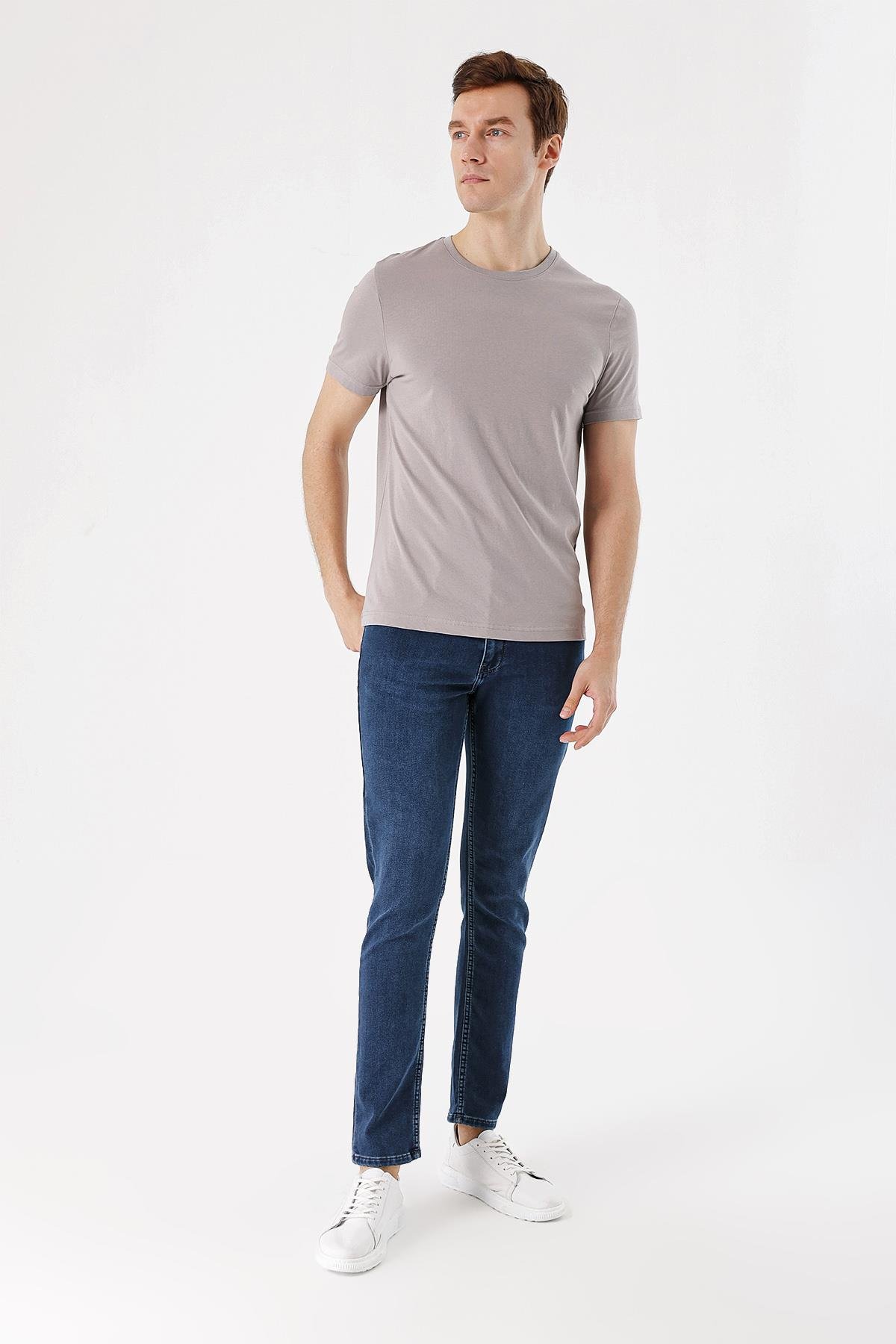 Erkek Açık Gri Basic Düz %100 Pamuk Bisiklet Yaka Slim Fit Dar Kesim Kısa Kollu Tişört