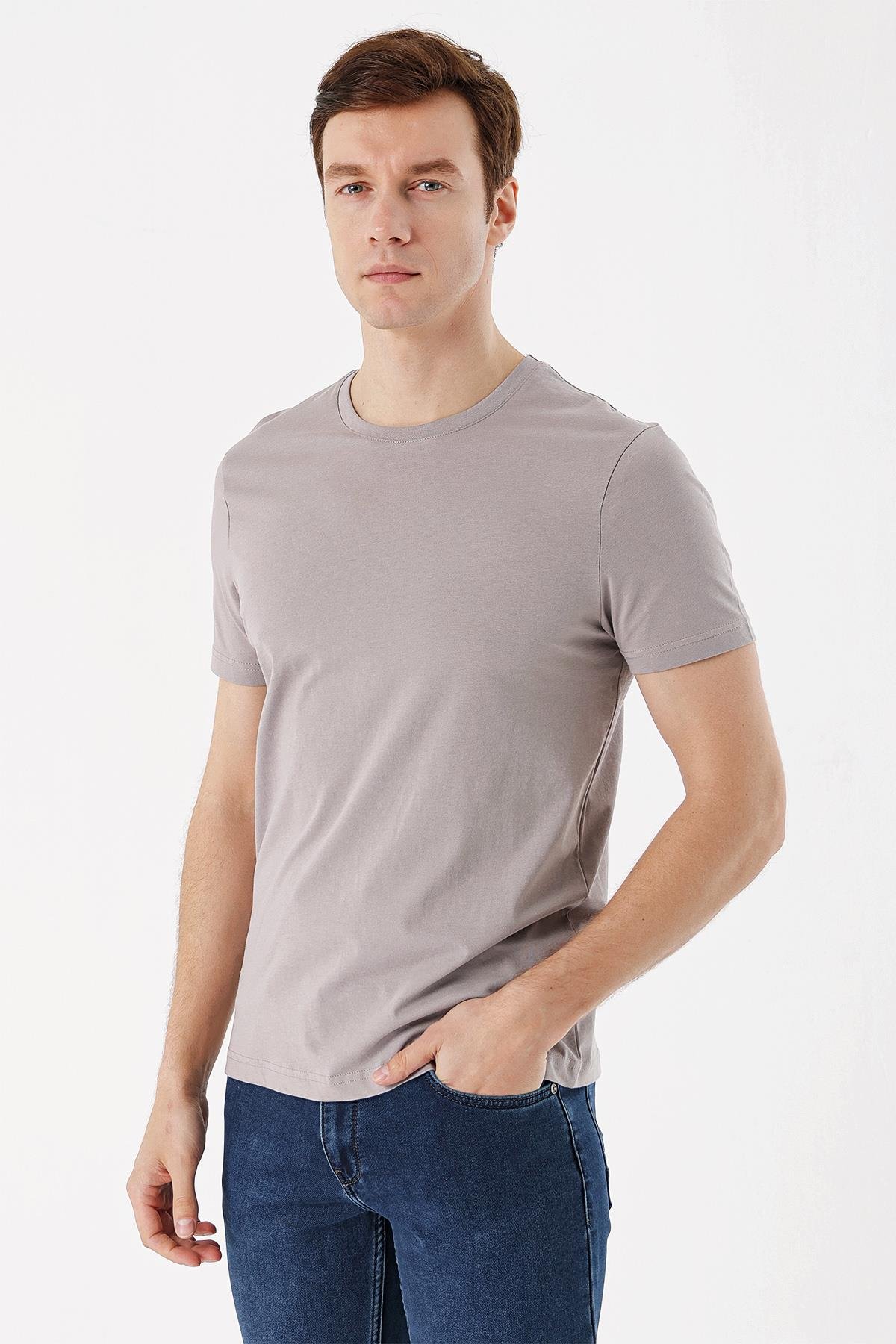 Erkek Açık Gri Basic Düz %100 Pamuk Bisiklet Yaka Slim Fit Dar Kesim Kısa Kollu Tişört