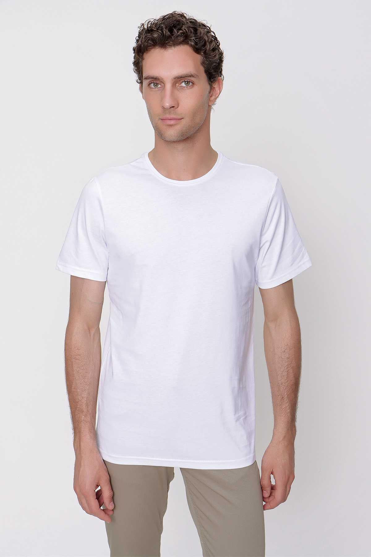 Erkek Beyaz Basic Düz %100 Pamuk Bisiklet Yaka Slim Fit Dar Kesim Kısa Kollu Tişört