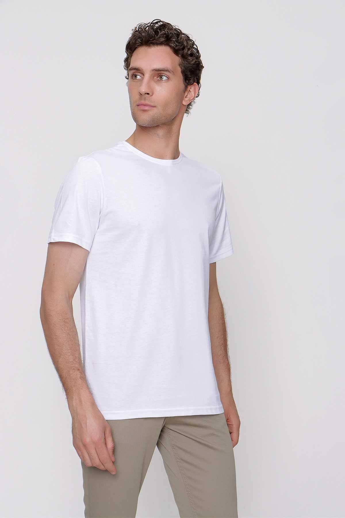 Erkek Beyaz Basic Düz %100 Pamuk Bisiklet Yaka Slim Fit Dar Kesim Kısa Kollu Tişört