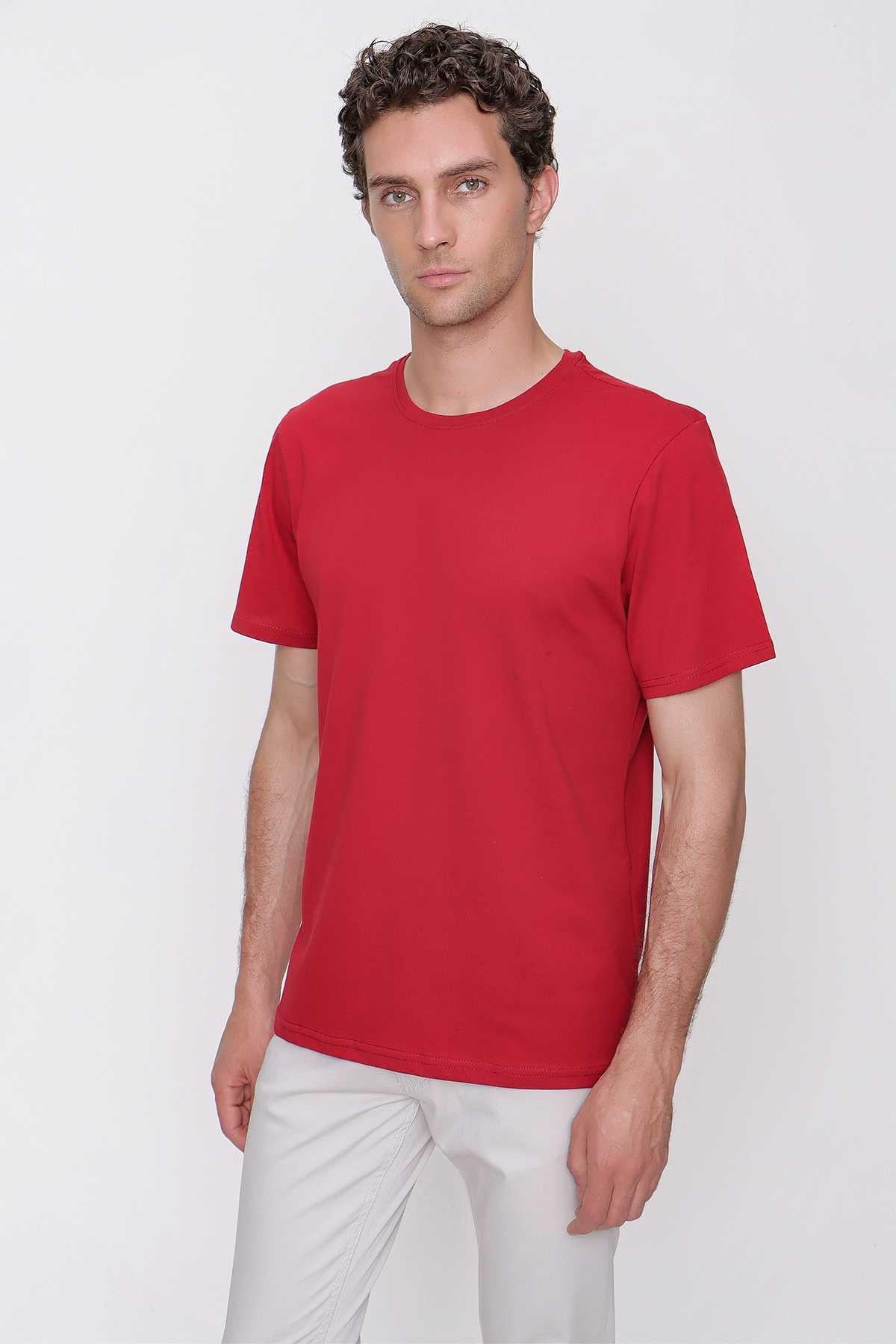 Erkek Bordo Basic Düz %100 Pamuk Bisiklet Yaka Slim Fit Dar Kesim Kısa Kollu Tişört