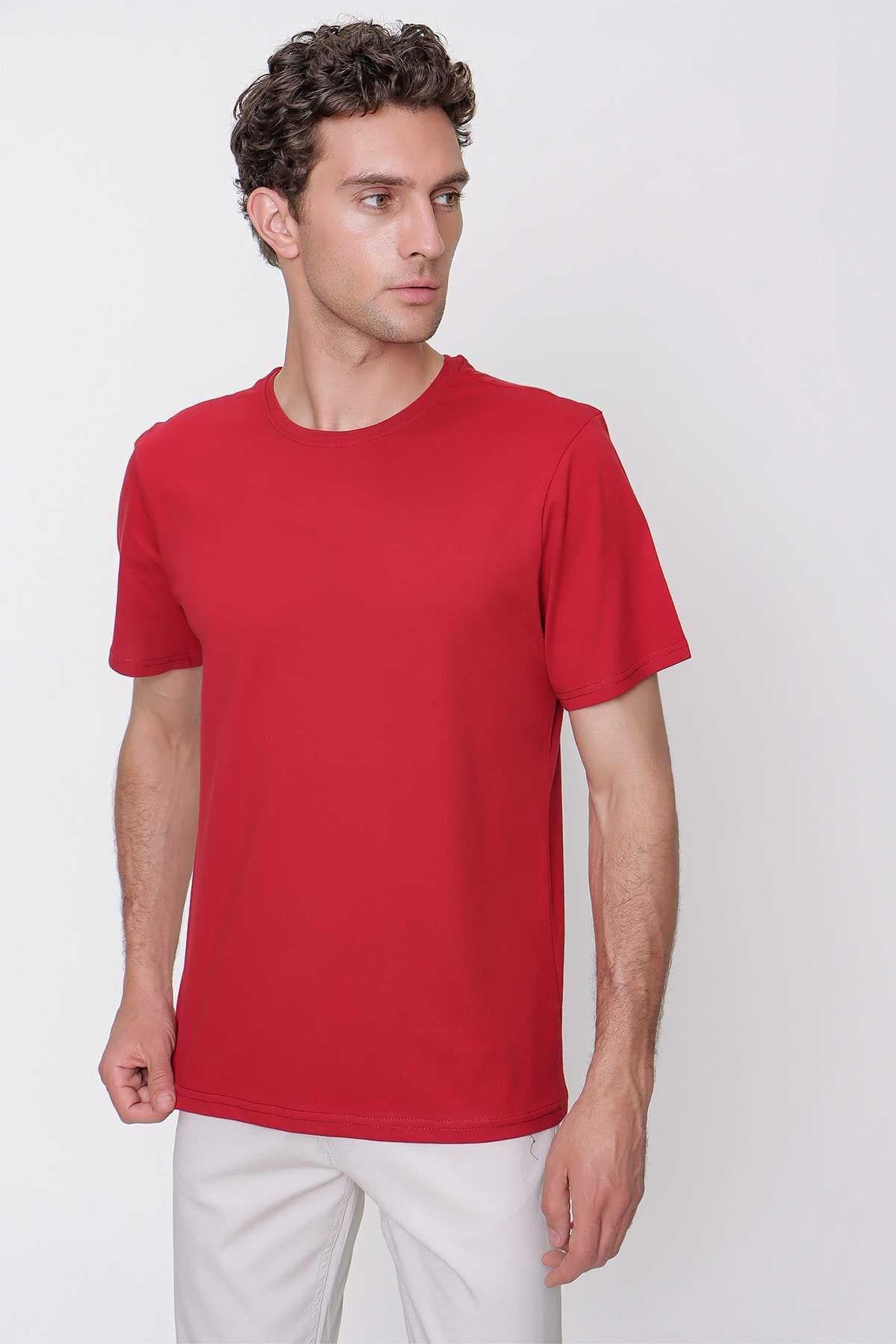 Erkek Bordo Basic Düz %100 Pamuk Bisiklet Yaka Slim Fit Dar Kesim Kısa Kollu Tişört