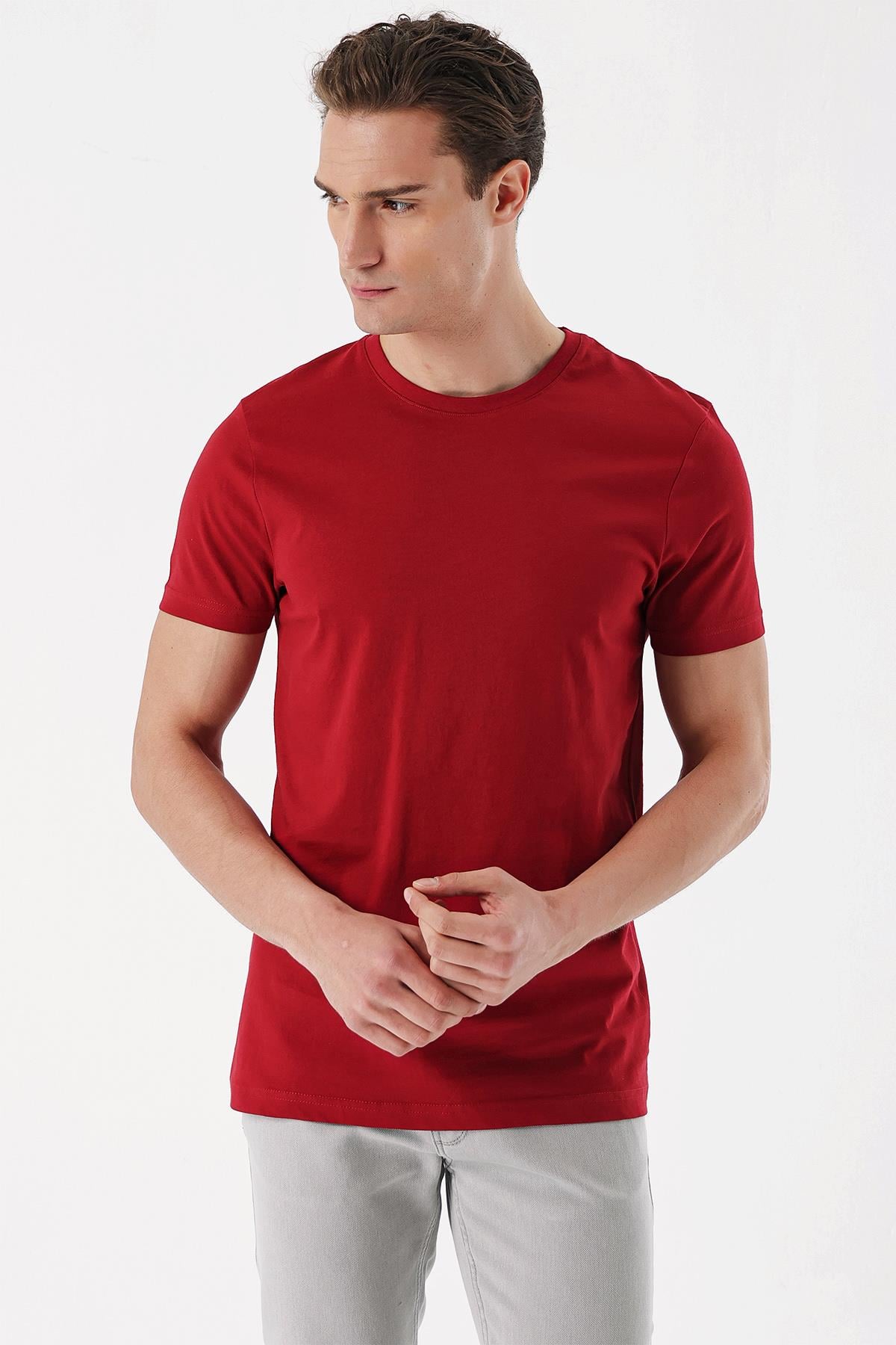 Erkek Bordo Basic Düz %100 Pamuk Bisiklet Yaka Slim Fit Dar Kesim Kısa Kollu Tişört