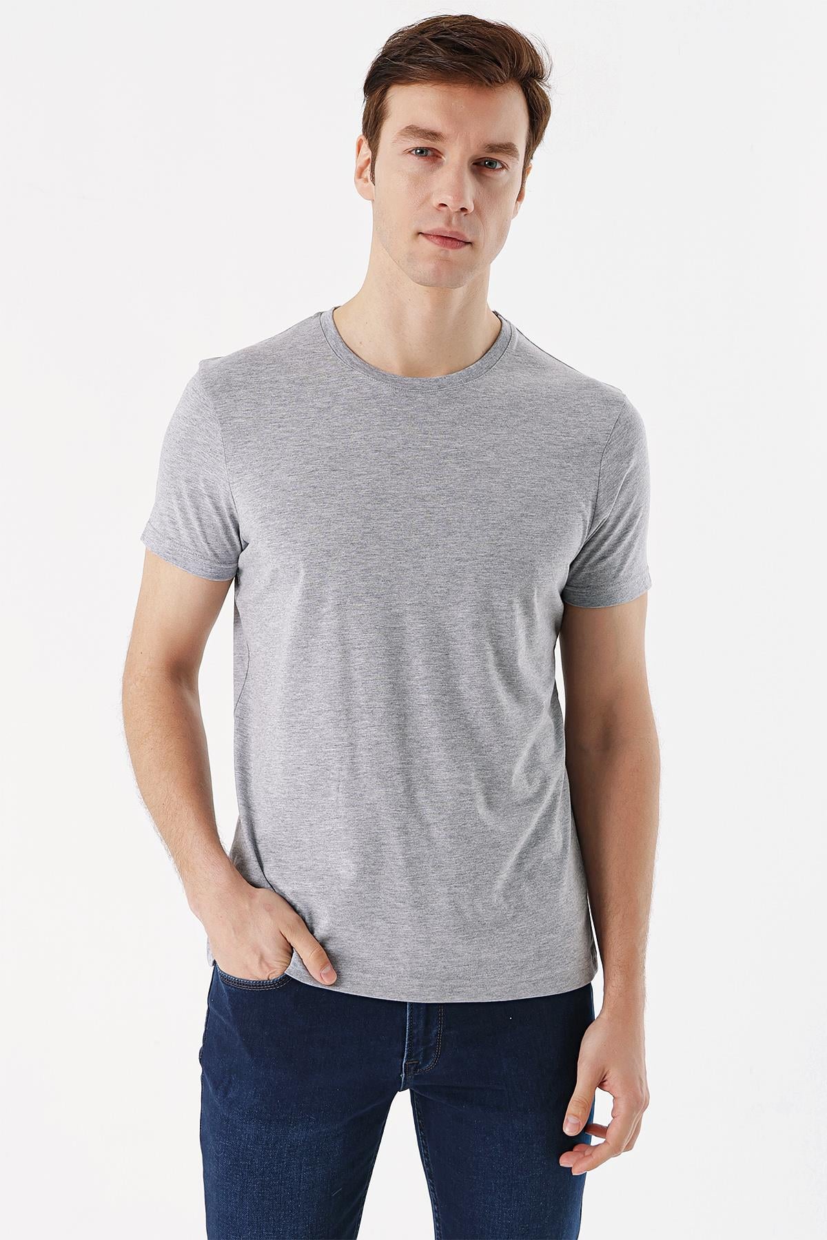 Erkek Grimel Basic Düz %100 Pamuk Bisiklet Yaka Slim Fit Dar Kesim Kısa Kollu Tişört