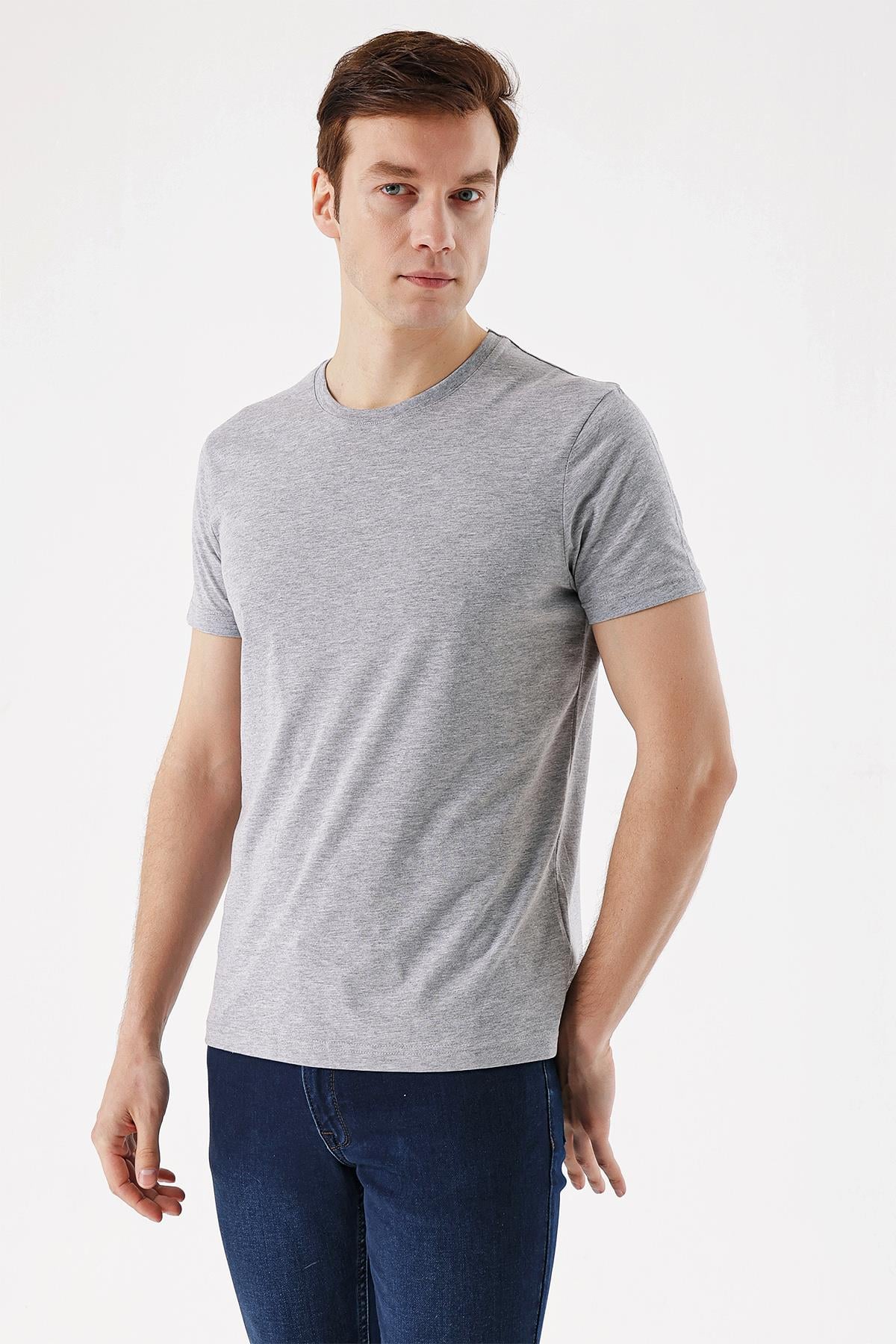 Erkek Grimel Basic Düz %100 Pamuk Bisiklet Yaka Slim Fit Dar Kesim Kısa Kollu Tişört