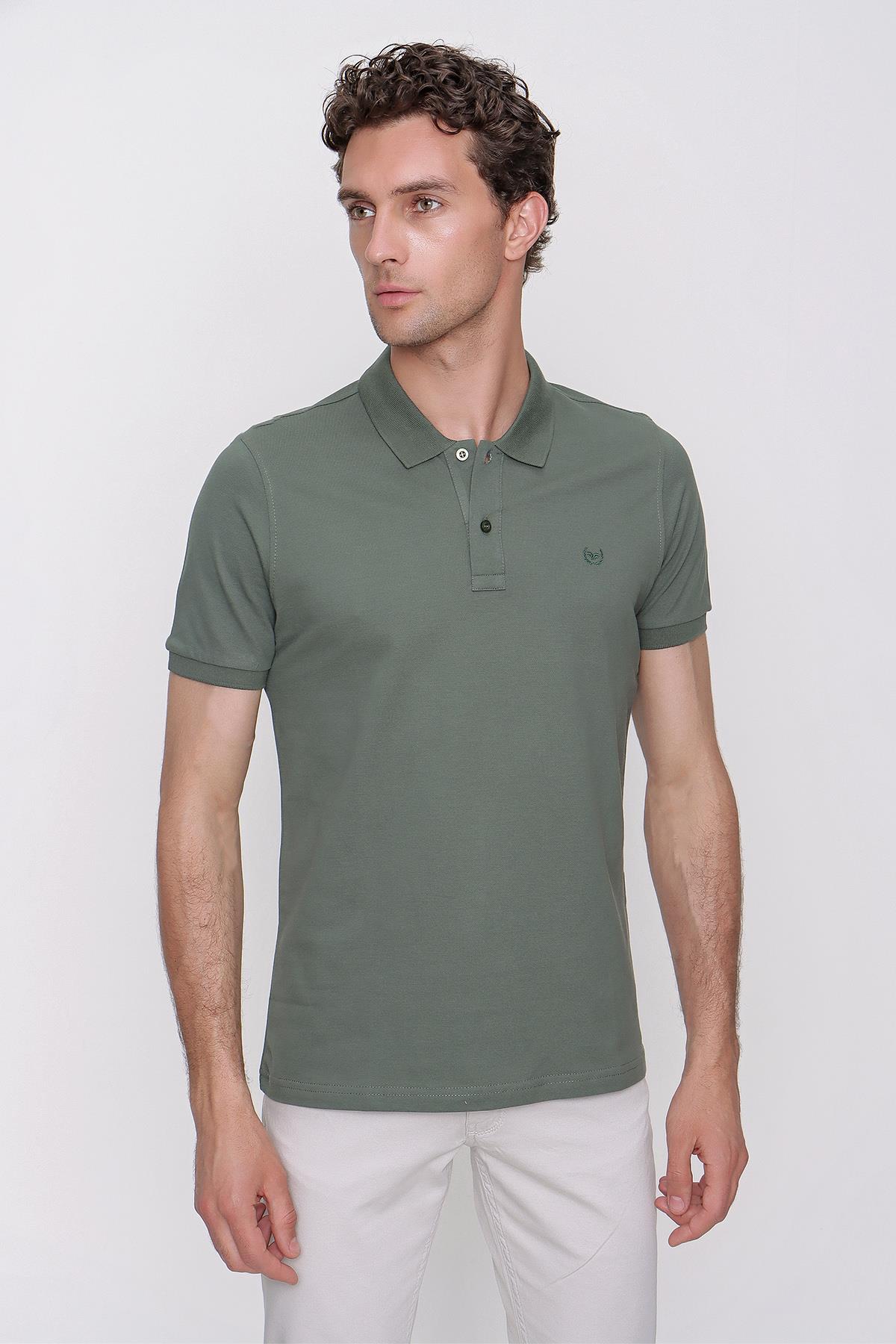 Erkek Haki Basic Düz %100 Pamuk Slim Fit Dar Kesim Kısa Kollu Polo Yaka Tişört