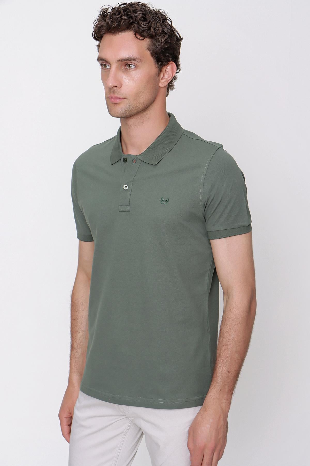 Erkek Haki Basic Düz %100 Pamuk Slim Fit Dar Kesim Kısa Kollu Polo Yaka Tişört