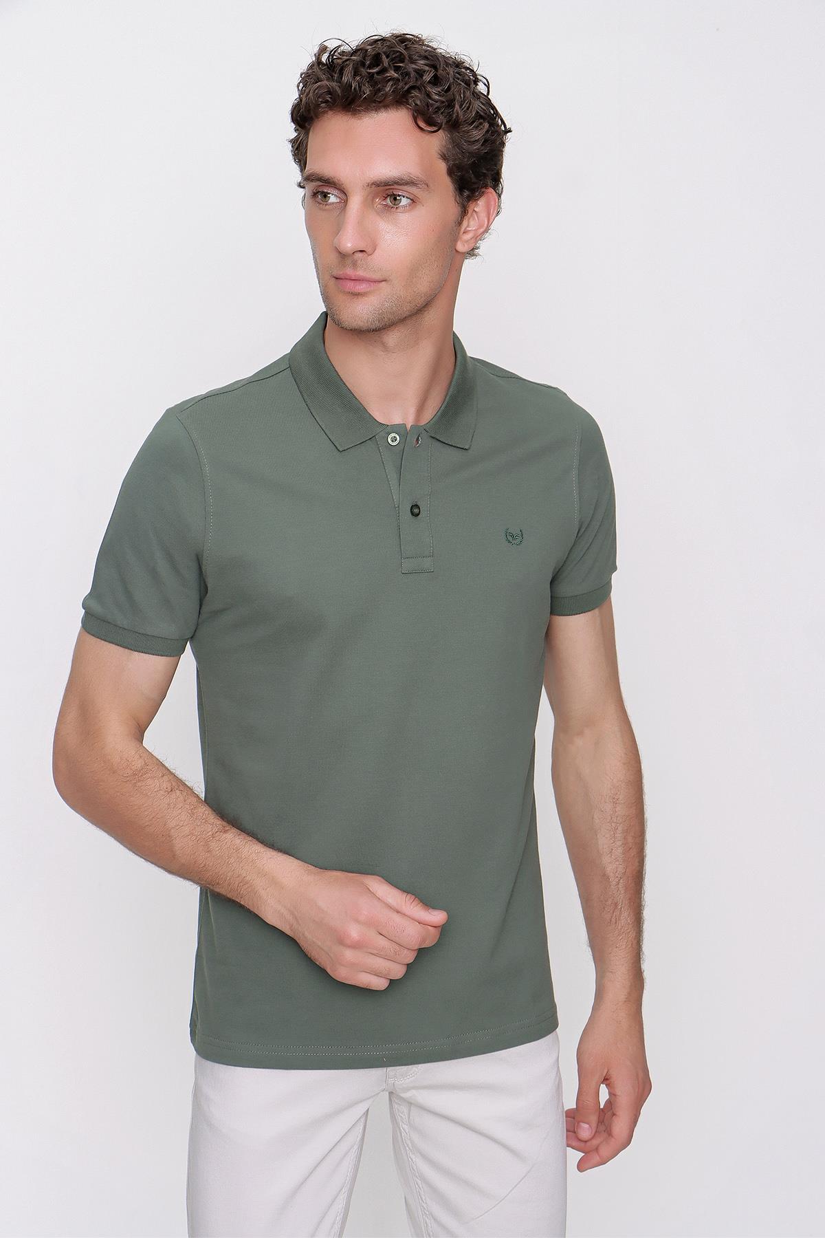 Erkek Haki Basic Düz %100 Pamuk Slim Fit Dar Kesim Kısa Kollu Polo Yaka Tişört