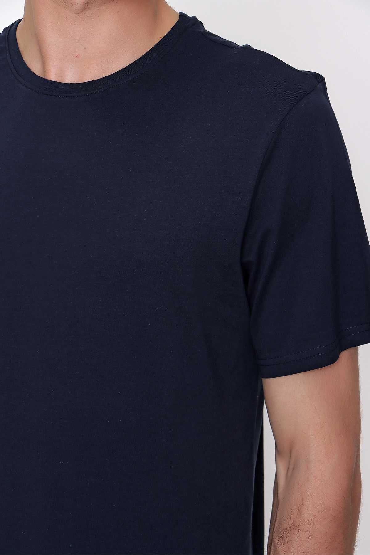 Erkek Lacivert Basic Düz %100 Pamuk Bisiklet Yaka Slim Fit Dar Kesim Kısa Kollu Tişört