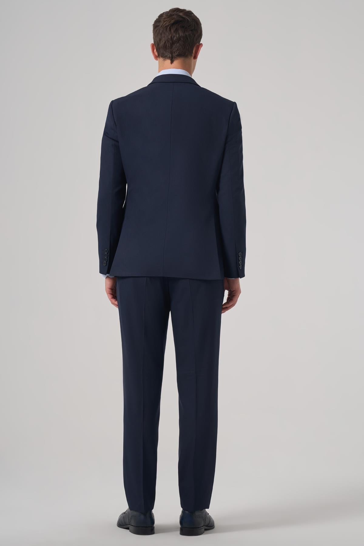 Erkek Lacivert Basic Düz Slim Fit Dar Kesim Çift Yırtmaç Takım Elbise