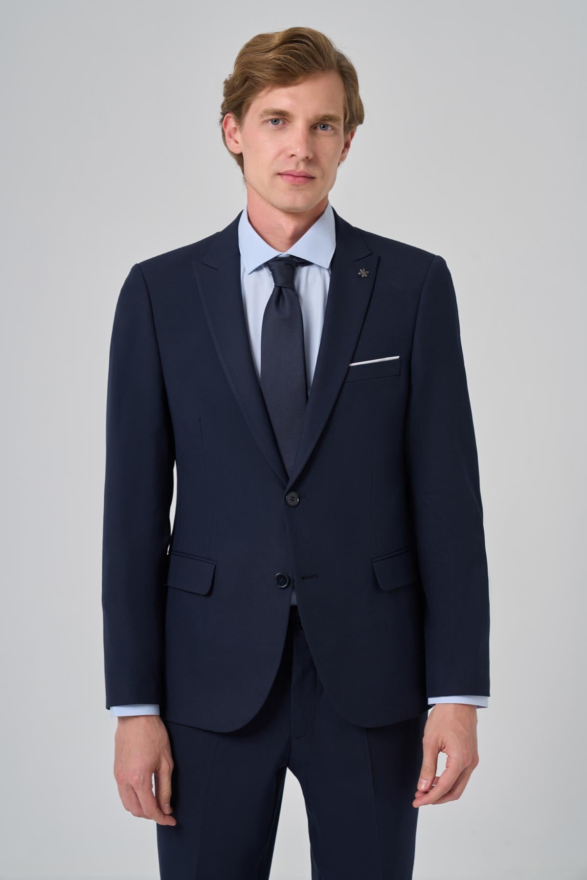 Erkek Lacivert Basic Düz Slim Fit Takım Elbise (GÖMLEK,KRAVAT HEDİYE)