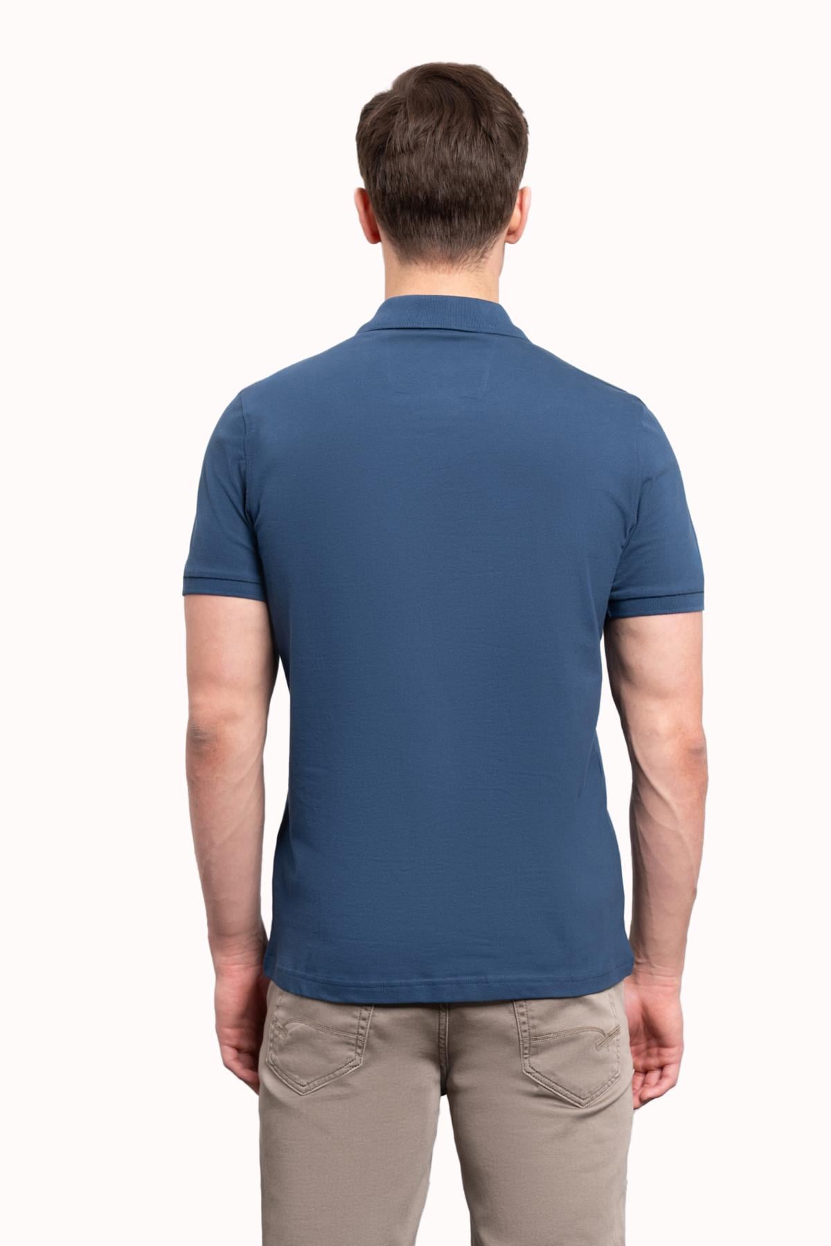 Erkek Marine Basic Düz %100 Pamuk Slim Fit Dar Kesim Kısa Kollu Polo Yaka Tişört