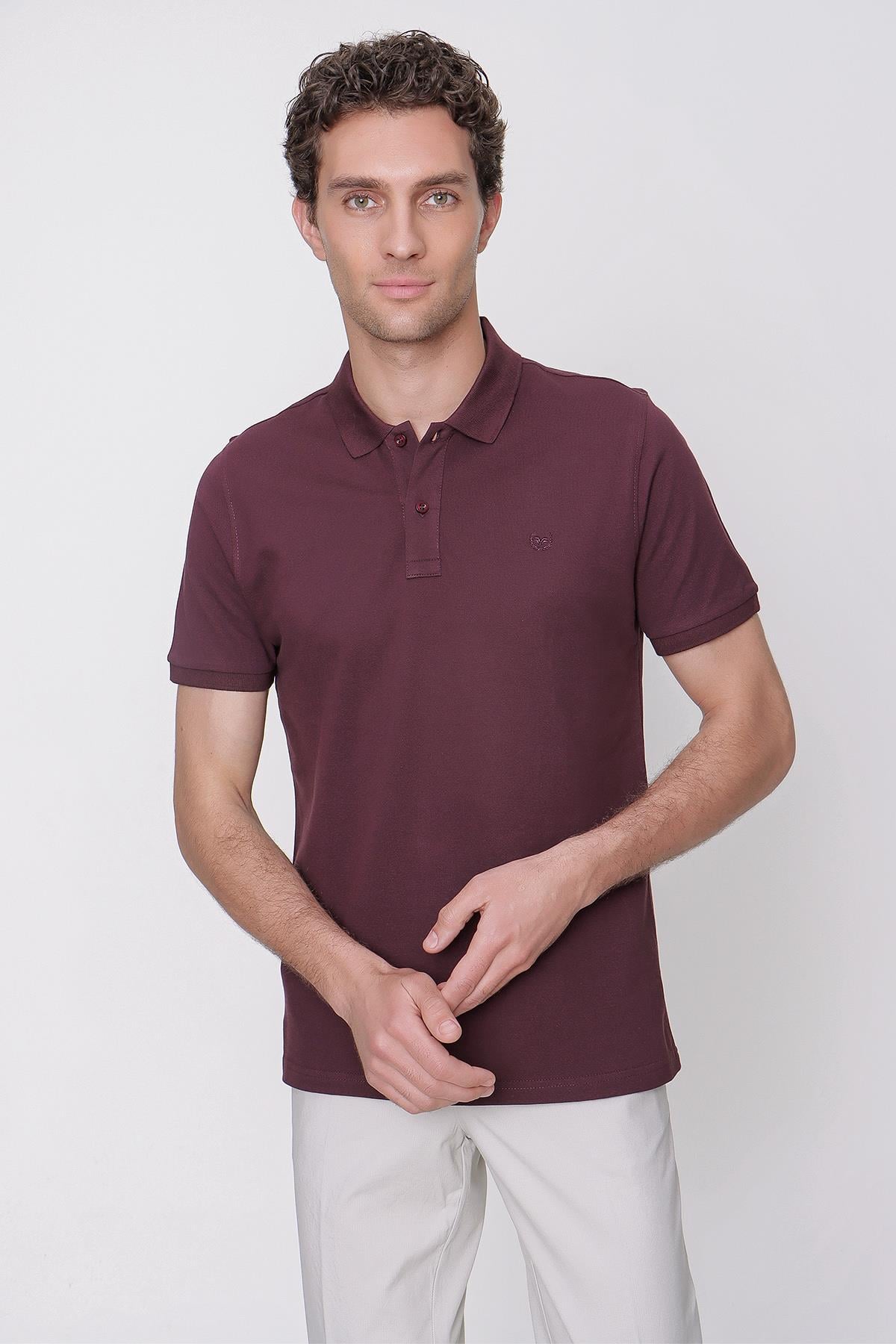 Erkek Mürdüm Basic Düz %100 Pamuk Slim Fit Dar Kesim Kısa Kollu Polo Yaka Tişört