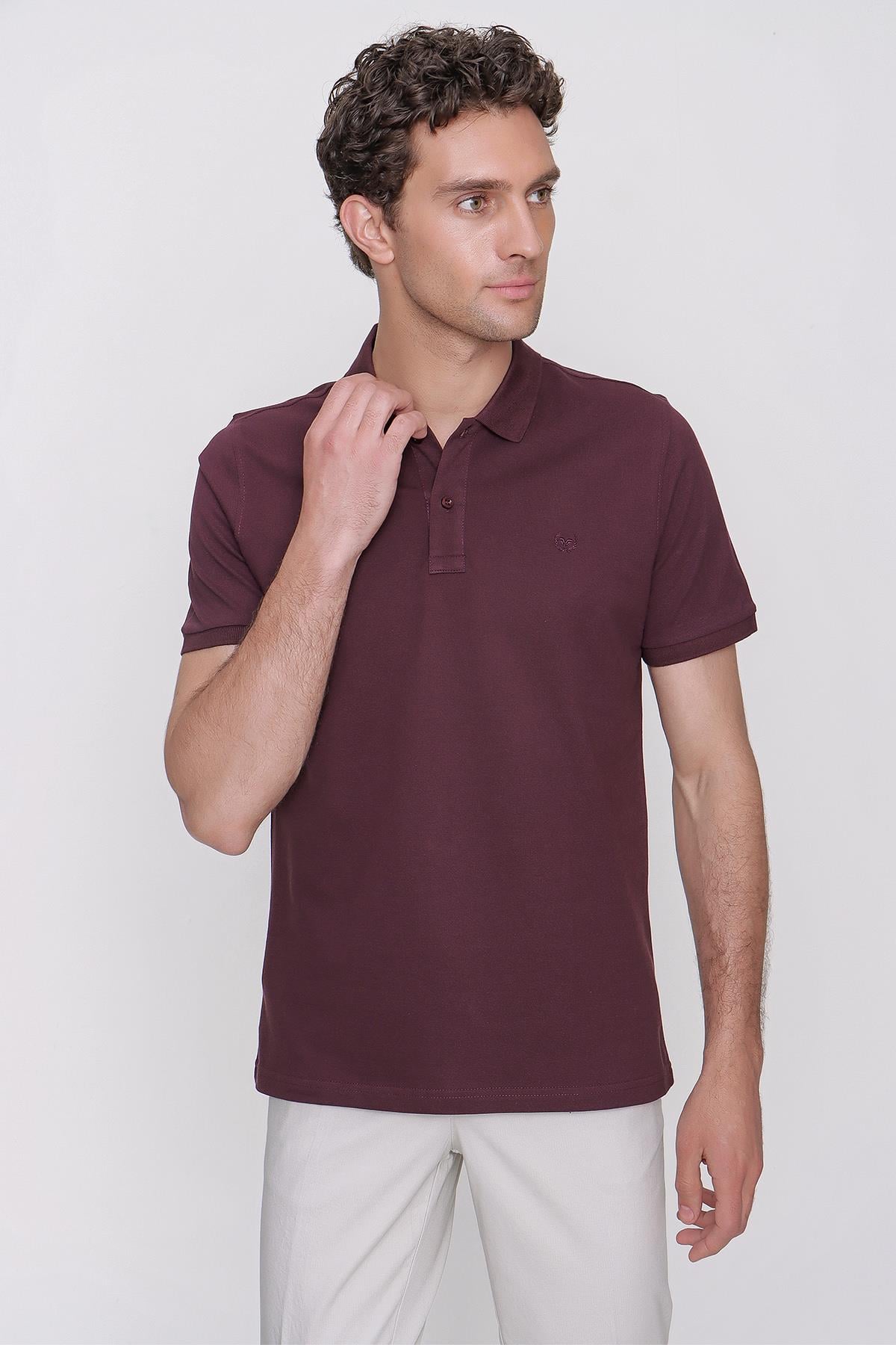 Erkek Mürdüm Basic Düz %100 Pamuk Slim Fit Dar Kesim Kısa Kollu Polo Yaka Tişört