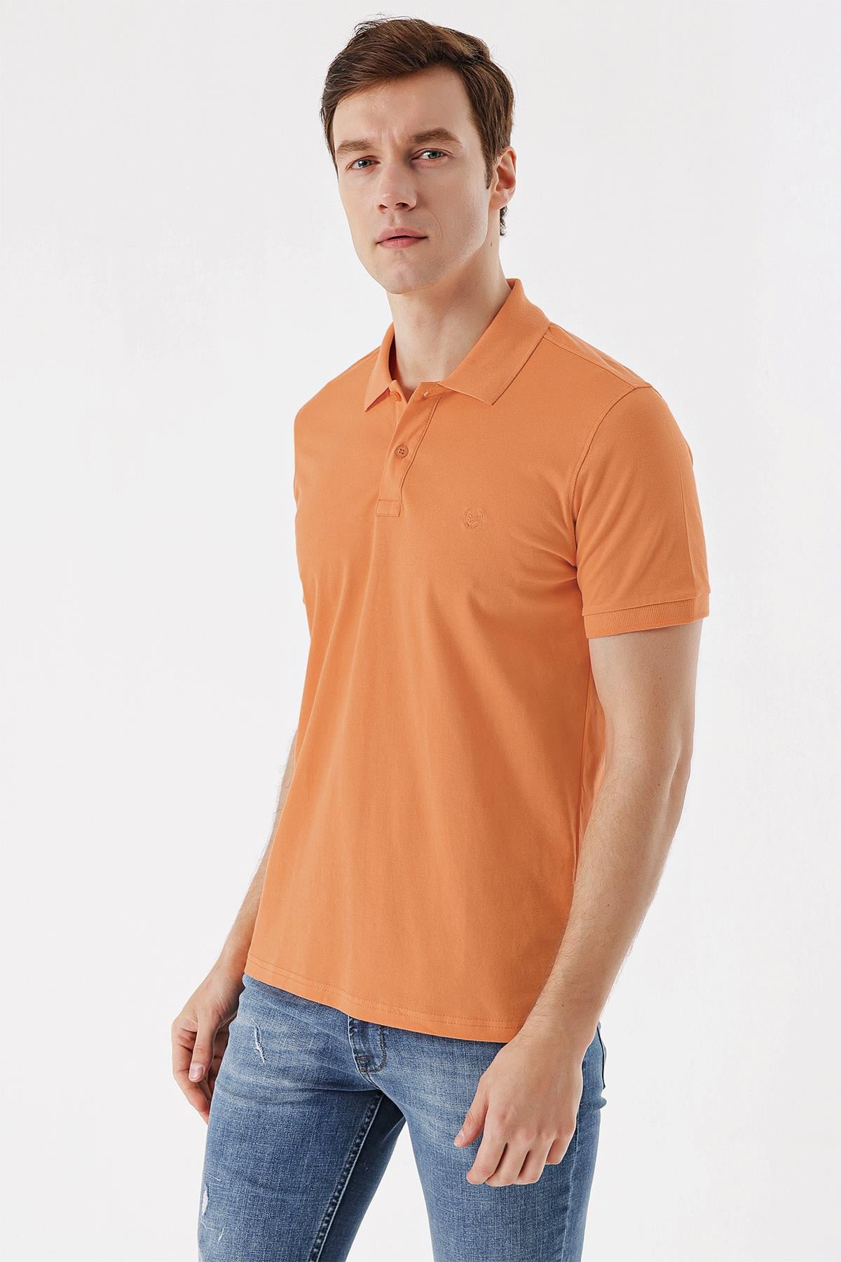 Erkek Oranj Basic Düz %100 Pamuk Slim Fit Dar Kesim Kısa Kollu  Polo Yaka Tişört